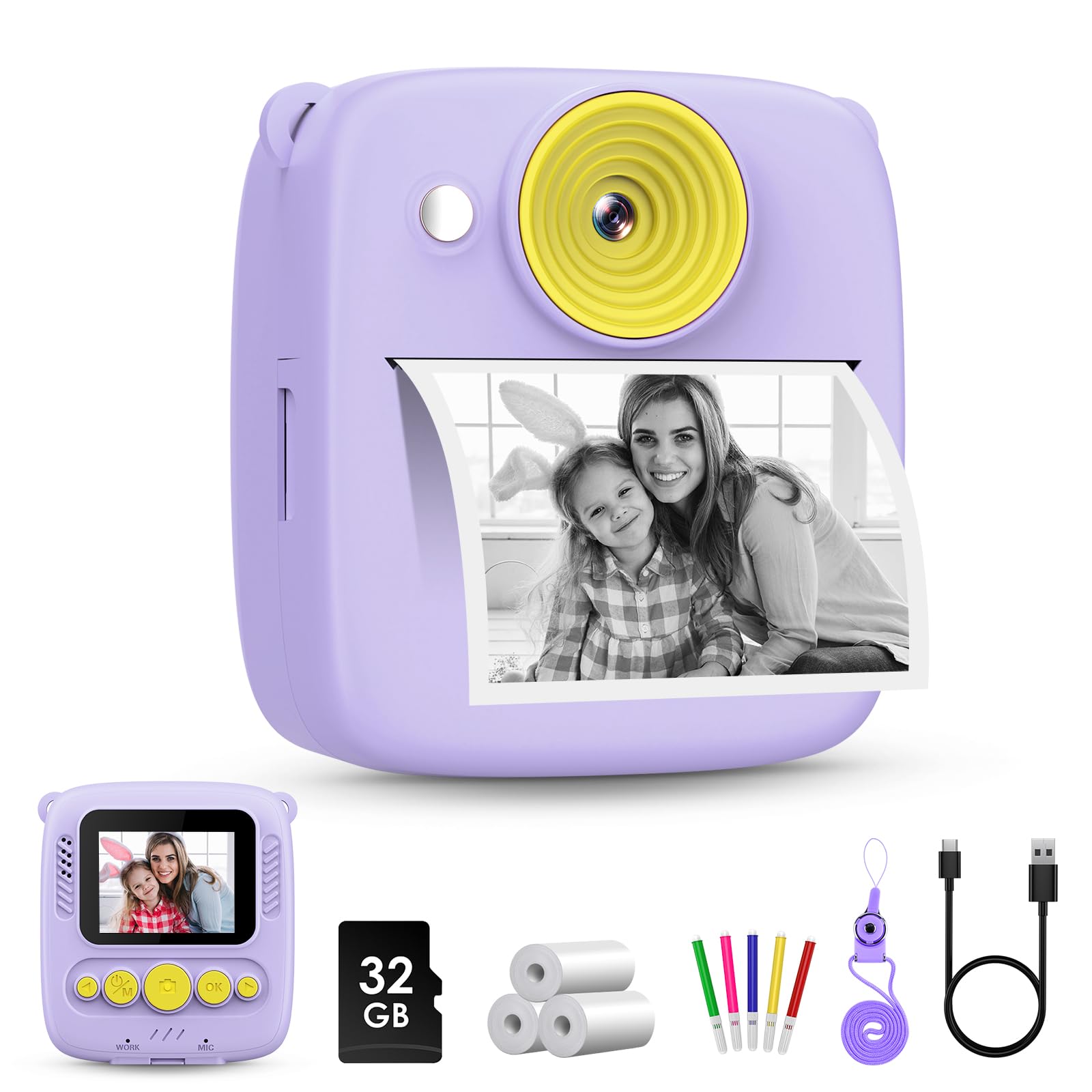 Gofunly Macchina Fotografica Bambini Istantanea, 1080P 2.0 Pollici Fotocamera Digitale Bambini con 32GB Scheda e Carta Fotografica, Regali di Natale Compleanno per 3 4 5 6 7 8 9 10 Ragazze Ragazzida