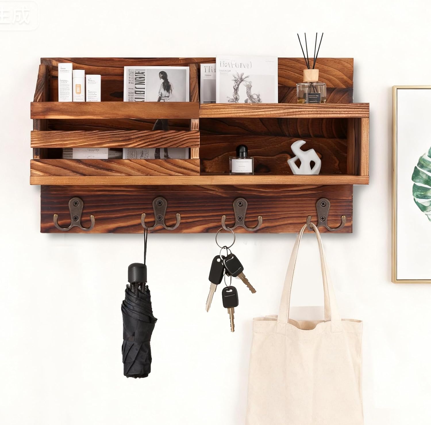 Key and Mail Holder for Wall, Mail Organizer Wall Mount with Shelf, Farmhouse Entryway Decor for Organizing A4 Bags,Wallet, Dog Leash, Sunglass (Brown)