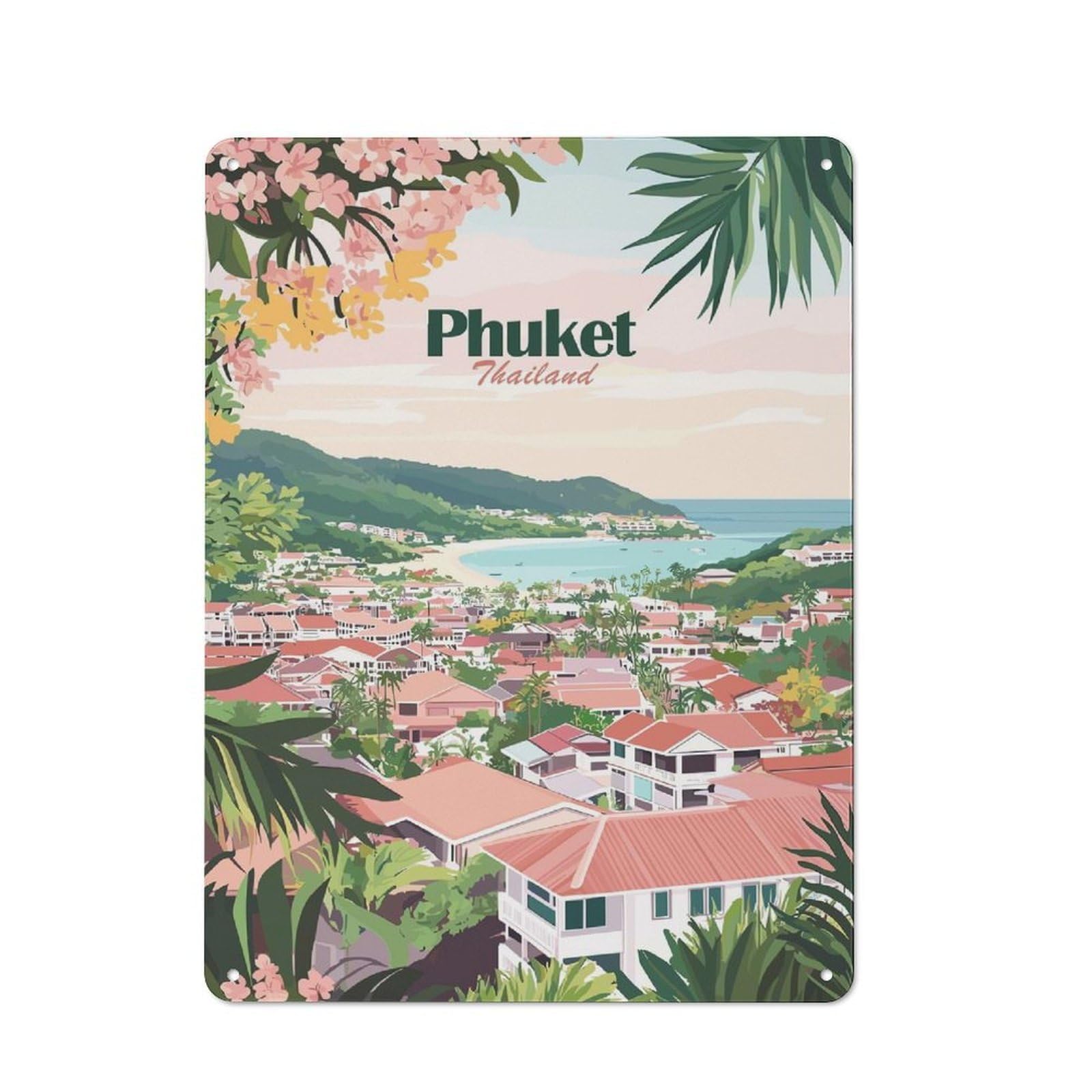 Junmoney Style-16 Retro Metal Wall Sign 40X30cm With Phuket Thailand Landscape For Bar Or Restaurant, Autumn Wall Decor For Restaurant Interior Fans
