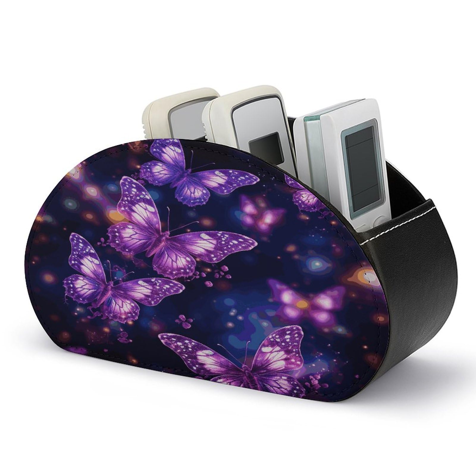 JTREHY - Butterfly Print Remote Control Stand 5 Compartments PU Leather TV Tray Bedside Storage Box Storage Organizer for TV
