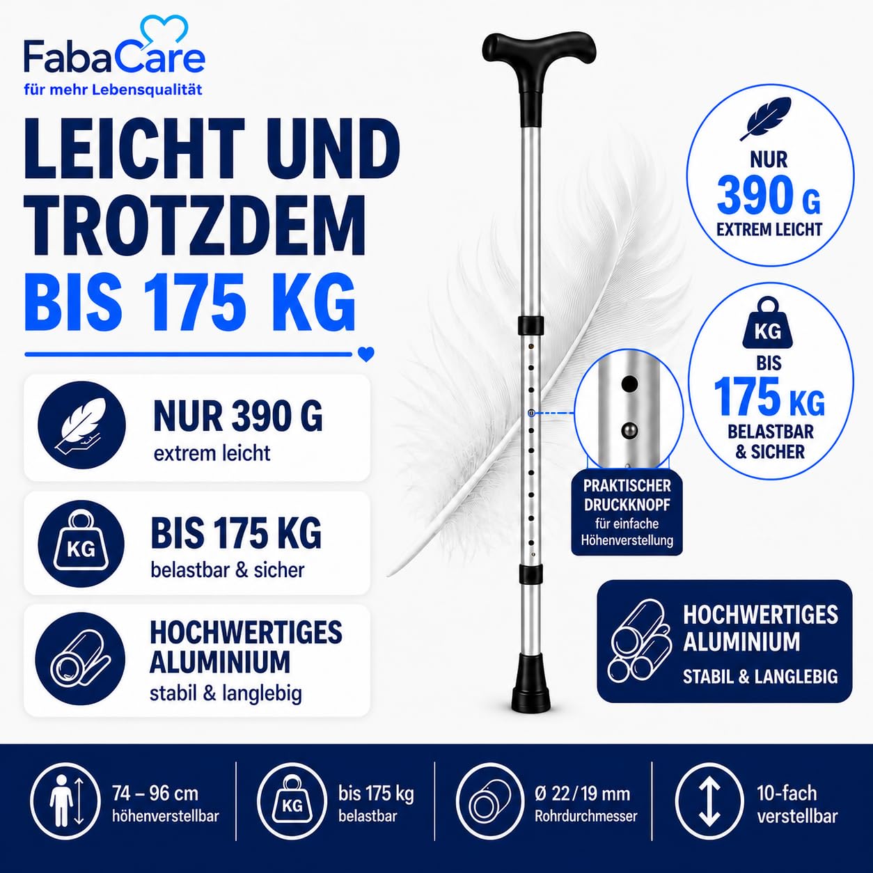 FabaCare Gehstock Simplex XXL, Gehstütze mit Fritzgriff, höhenverstellbar, extra leicht, bis 175 kg, Silber Eloxiert