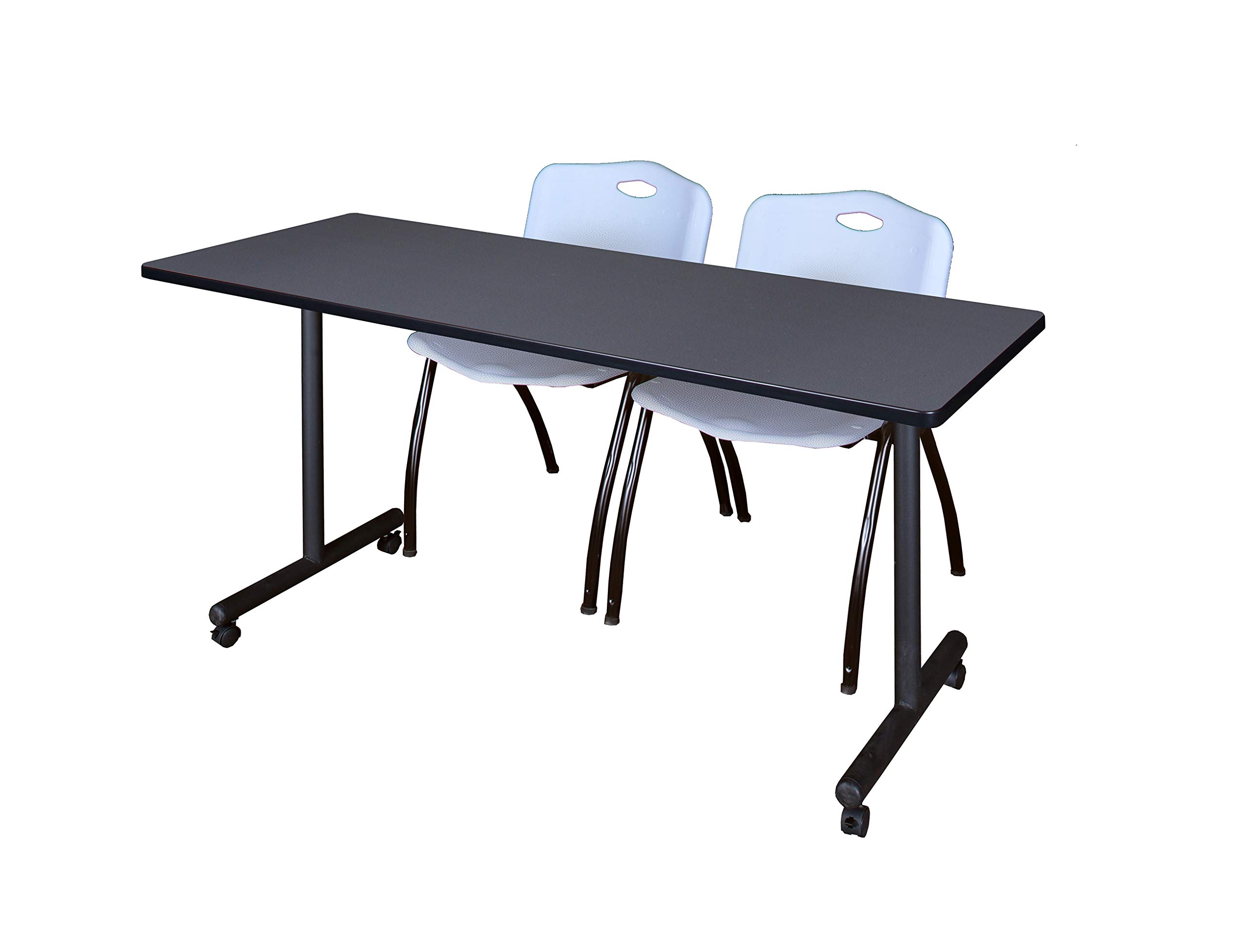 Romig Axis-Pro 72 x 24 in. Mobile T-Base Training Table- Grey, 2 M Stack Chairs- Grey