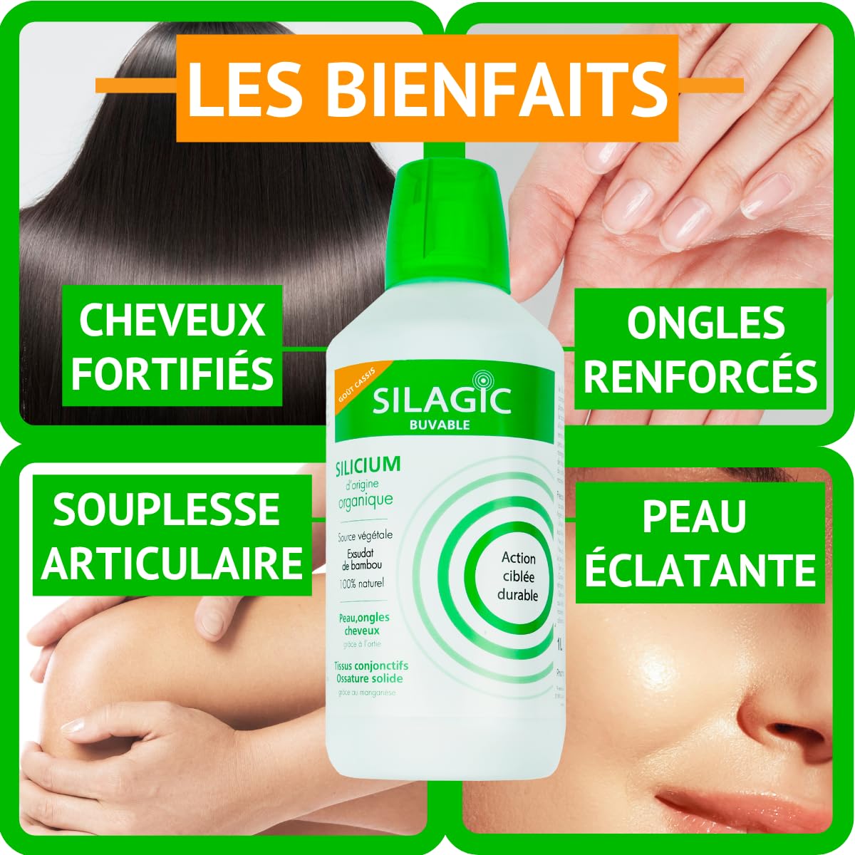 SILAGIC - Solution Buvable au Silicium Organique - Renforce Peau, Ongles & Cheveux - Maintient une Ossature Solide - Ortie, Bambou & Manganèse - Fabriqué en France - 1 L