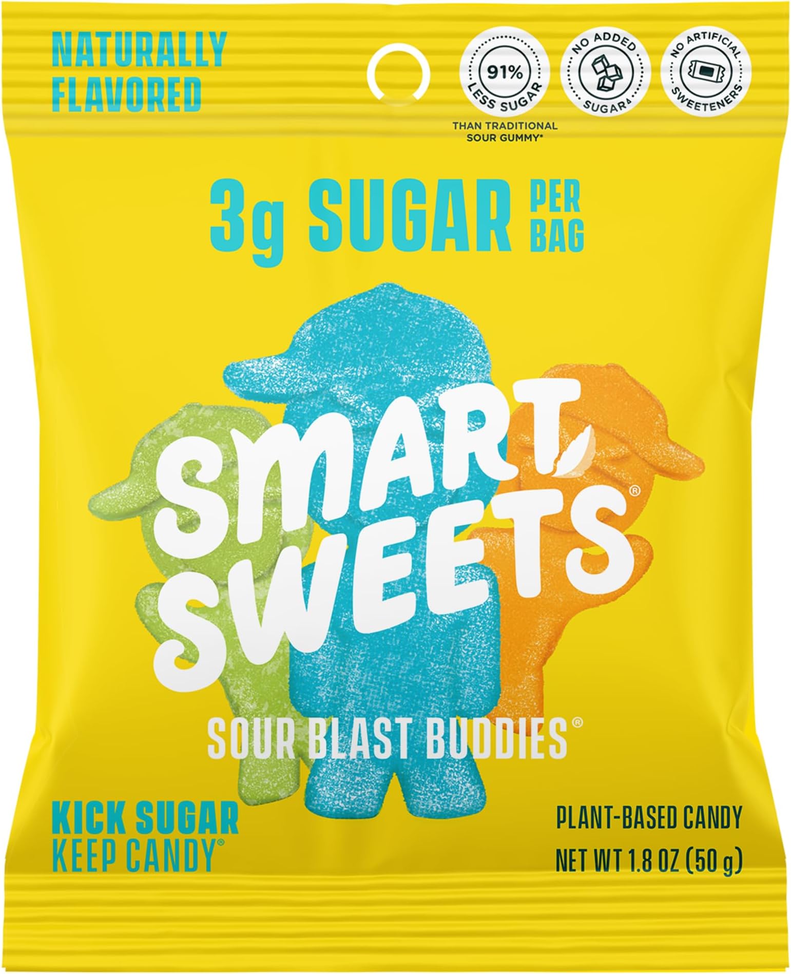 SmartSweets Sour Blast Buddies, Low Sugar Gummy Candy (3g), Low Calorie (130), Gluten-Free -1.8oz (Pack of 12) Packaging may vary