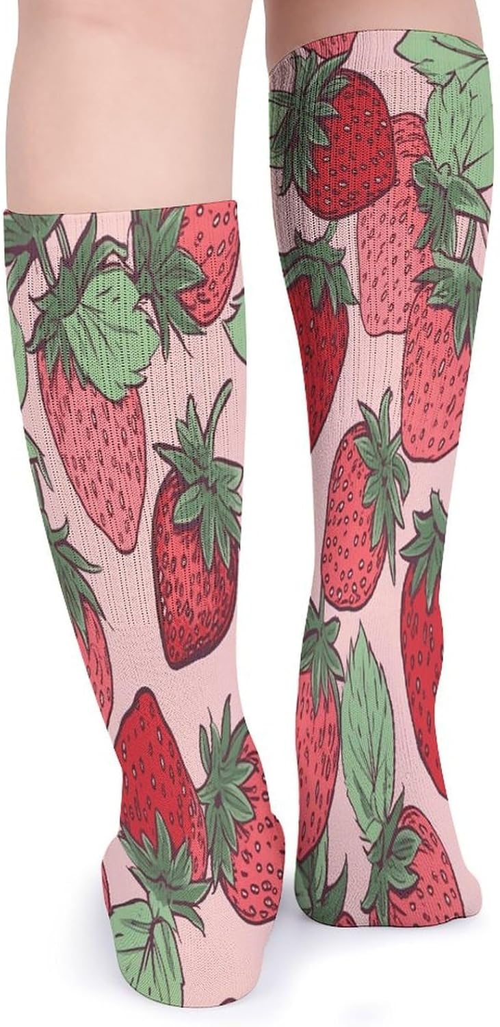 Strawberry Pattern Knee High Socks Cozy Knee High Socks Soft Mid-Length Sock for All Seasons Daily Wear Adult