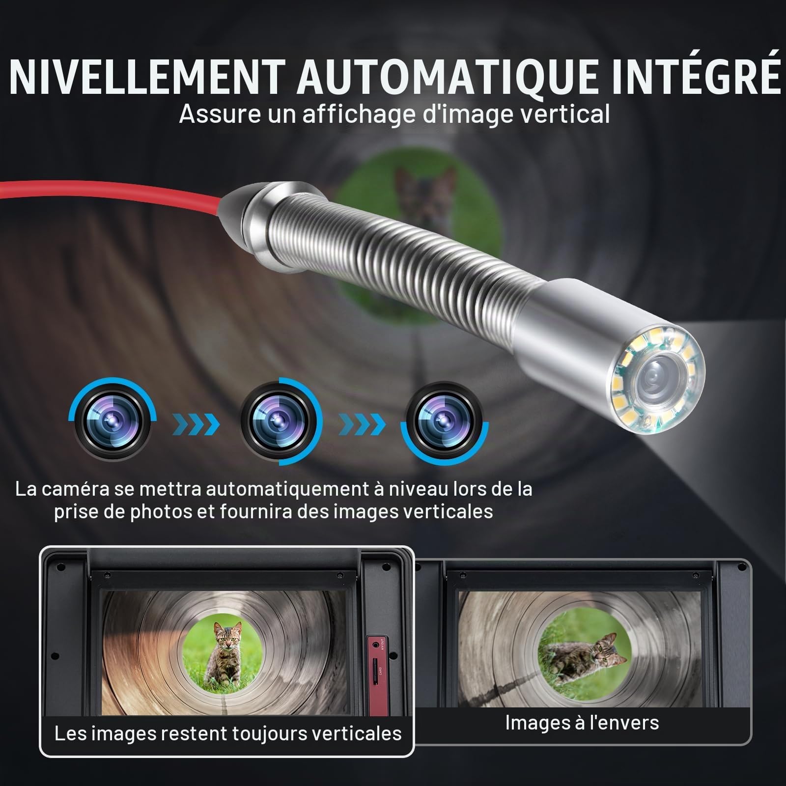 VEVOR Caméra Inspection Canalisation 100 m Endoscope Drain Autonivelant, Écran Tactile 10,1''', Émetteur 512 Hz, Compteur Distance, Étanche IP68, 12 LED, Carte SD 32 Go, pour Conduit, Égout, Tuyaux