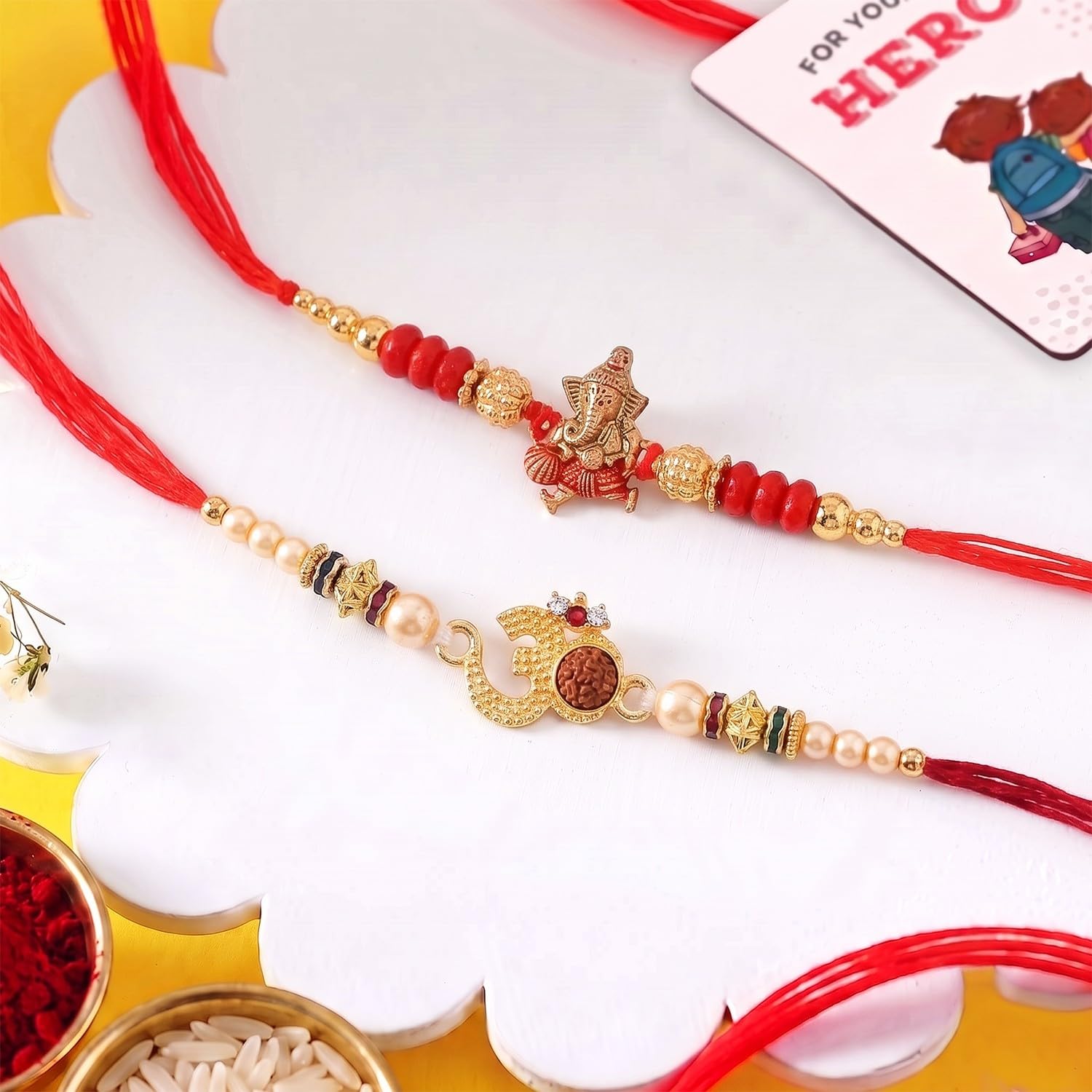 ascension Pack of 2 OM & Ganesh Ji Rakhi for Brother Bhaiya Bhabhi Raksha Bandhan Gifts with You are My Hero Fridge Magnet & Roli Tilak-picture-8