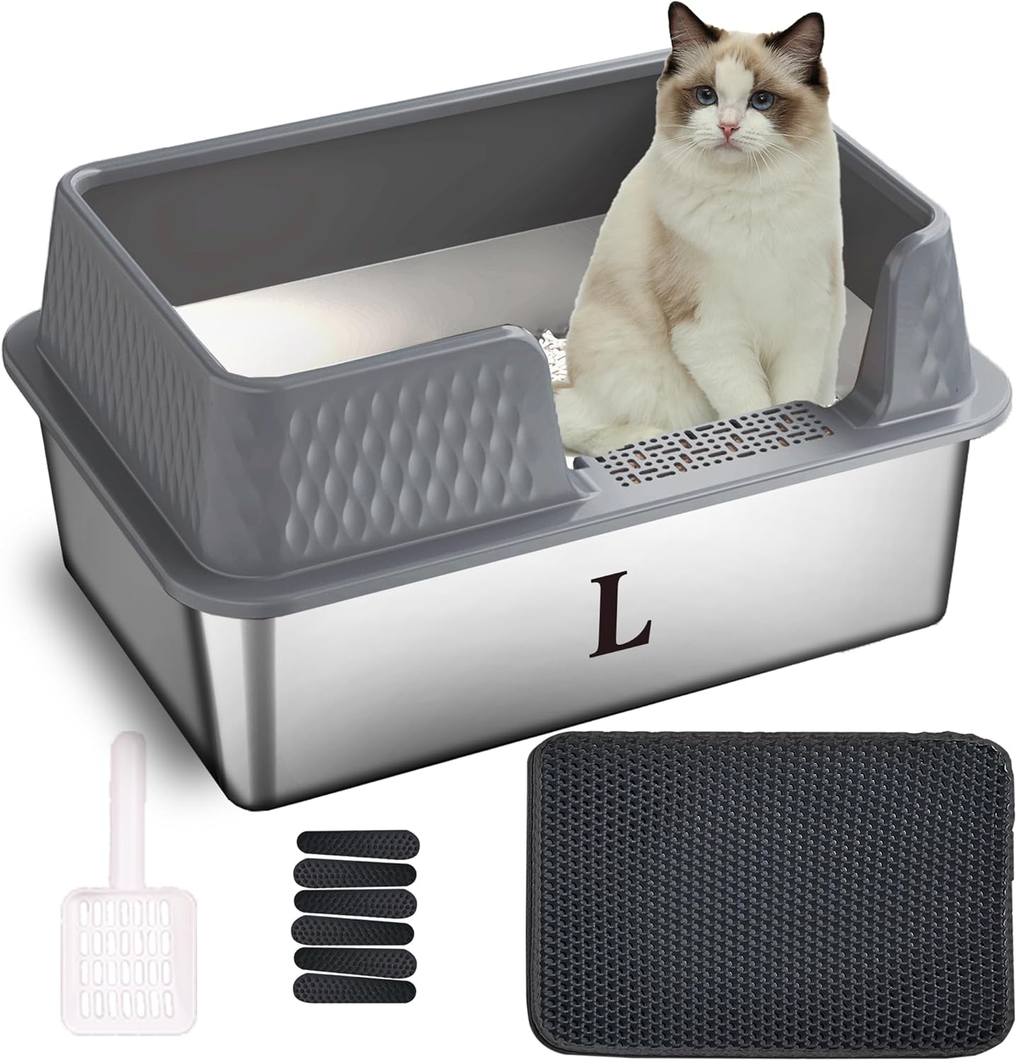 Suhaco Stainless Steel Litter Box Side Entry, Kitty Black Litter Mat and White Scoop Included Covered Metal High Sided Large Cat Litter Box with Lid Removable Enclosure for Medium Cats (Grey) Grey Medium