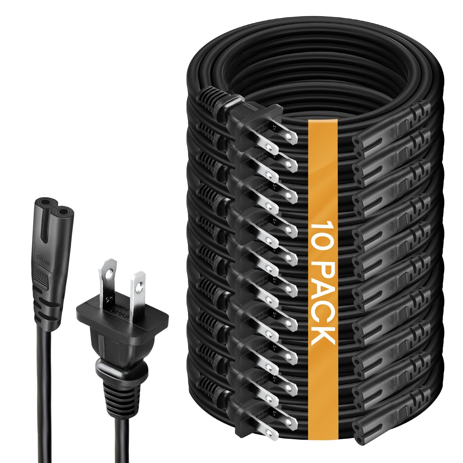 (10 Pack) AC 2 Prong Power Cord 1ft. for TV, PS5 PS4 PS3 Slim, Speaker, Xbox - Replacement C7 Power Cable 2 Prong (1-Feet, 10-Pack)