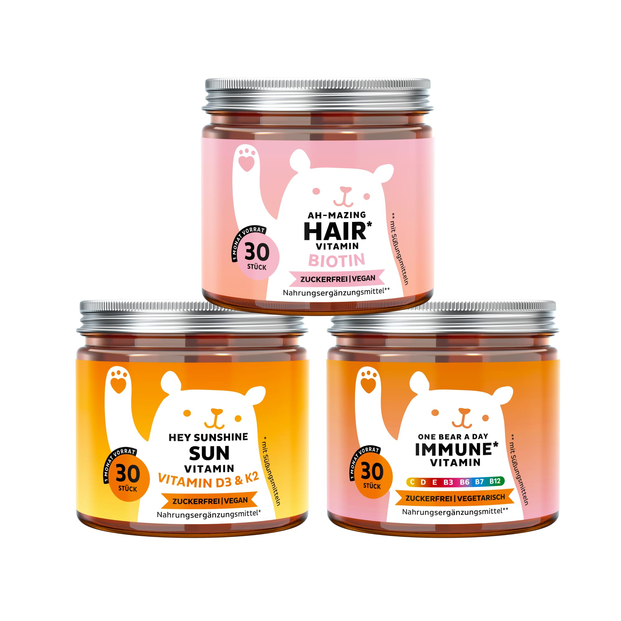 Bears with Benefits - PAck Trio Wohlbefinden Haare & Immunität - 3x30 Stück | Gummibärchen 10 000µg Biotin, Multivitamine Komplex & Vitamin D3 K2 - Zuckerfrei