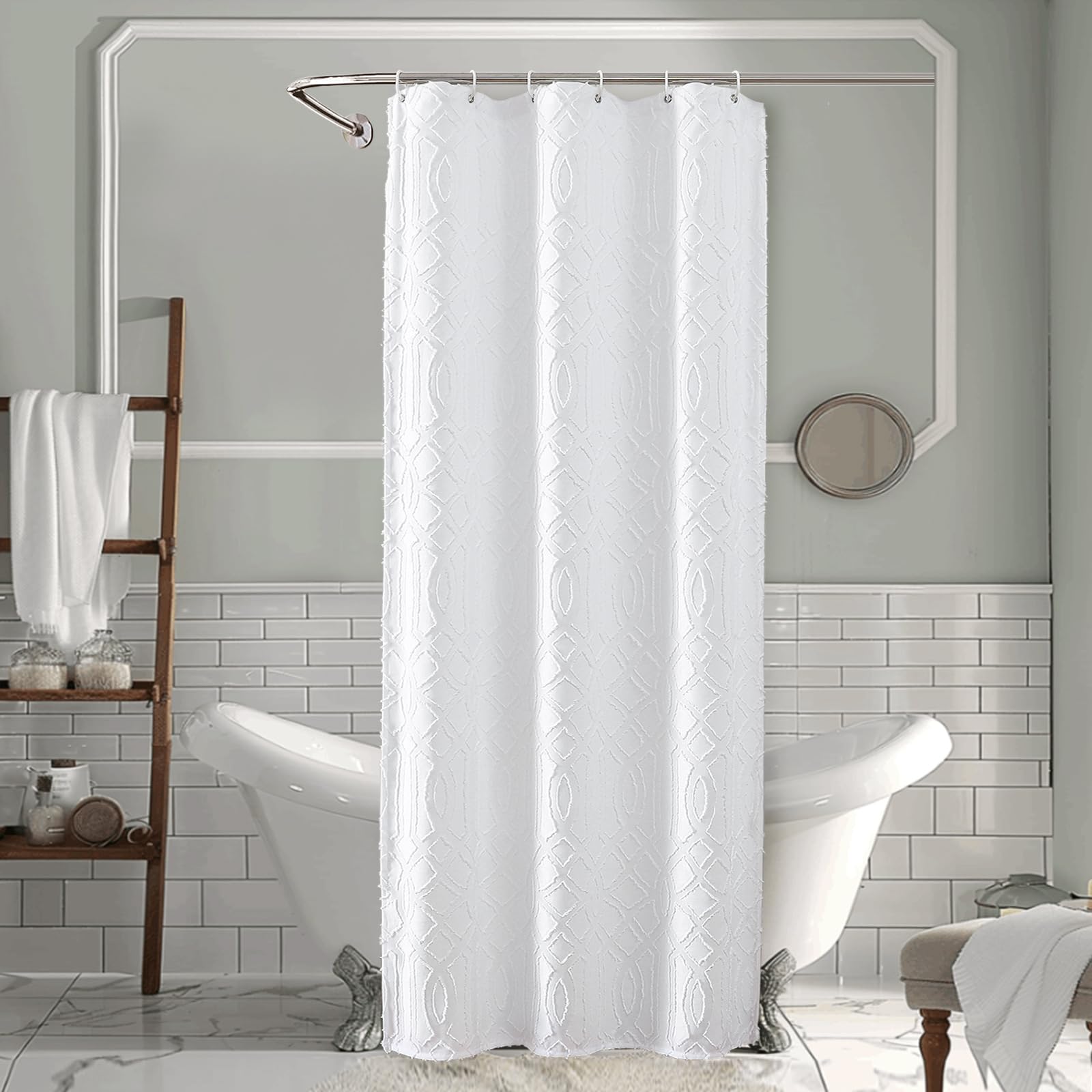 OWENIE White Stall Shower Curtain for Bathroom, Soft Fabric Small Boho Shower Curtains, Geometric Jacquard Grommets Shower Curtain Set with 12 Hooks, Elegant Bathroom Decorations, 36x72 inch, White