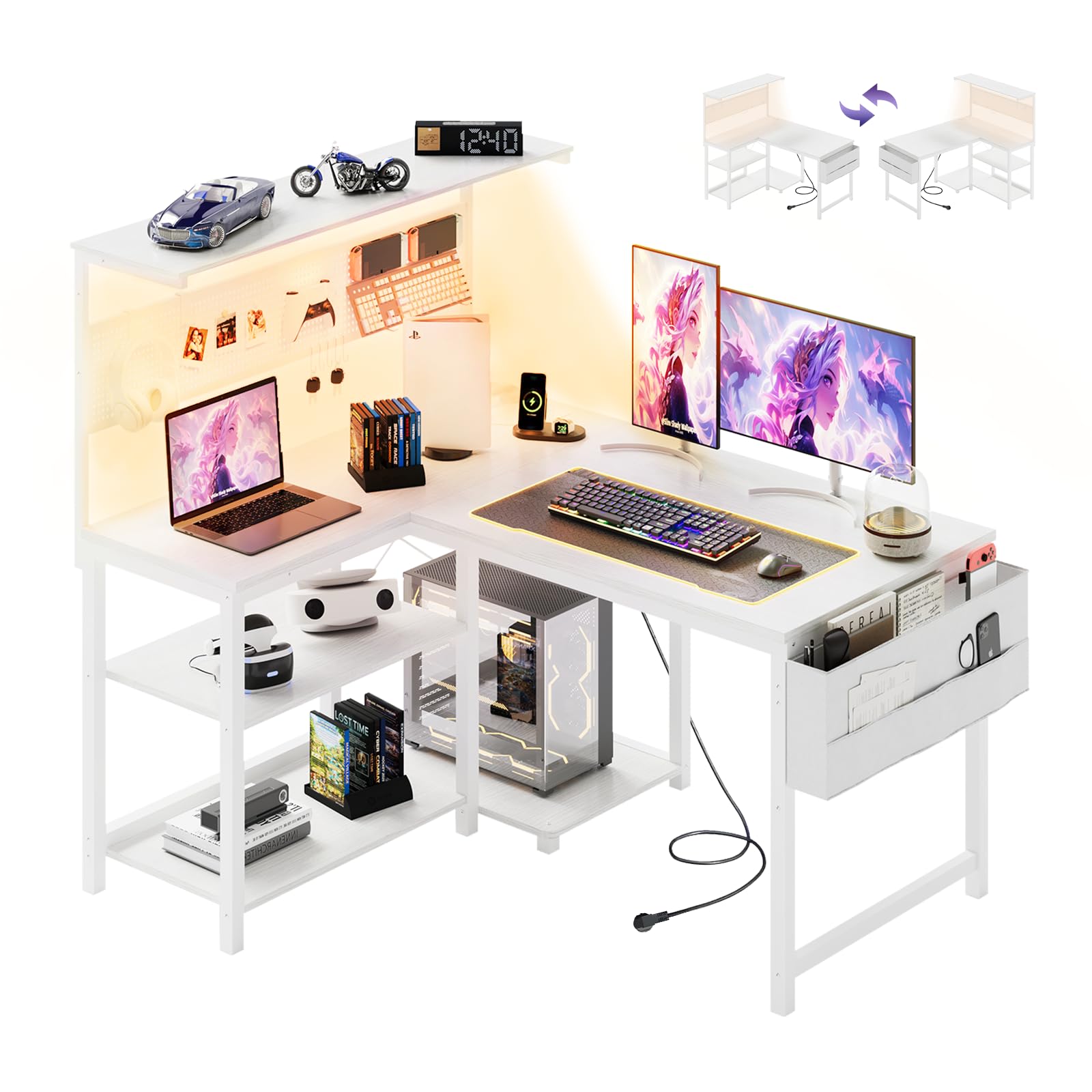 YOUDENOVA Scrivania Gaming a Forma di L, Tavolo Gaming con LED, Presa e USB, Scrivania ad Angolo Reversibile con Ripiano, 120x80cm Tavolo Computer con Portaoggetti per Home Office e Gamer, Bianco