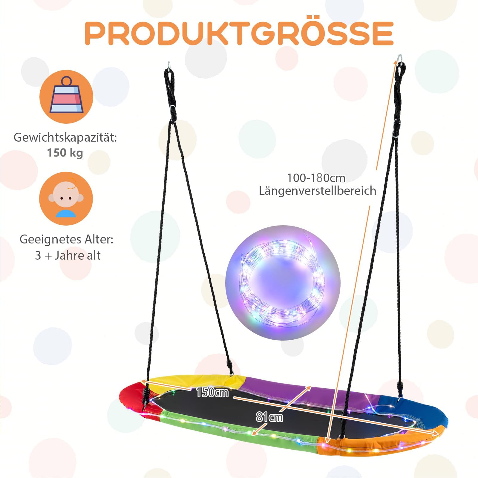 GOPLUS Nestschaukel Outdoor, 150 x 81 cm Kinderschaukel mit LED-Lichtern bis 150 kg Belastbar, Hängeschaukel 100-180 cm höhenverstellbar, Baumschaukel Rundschaukel für Kinder ab 3