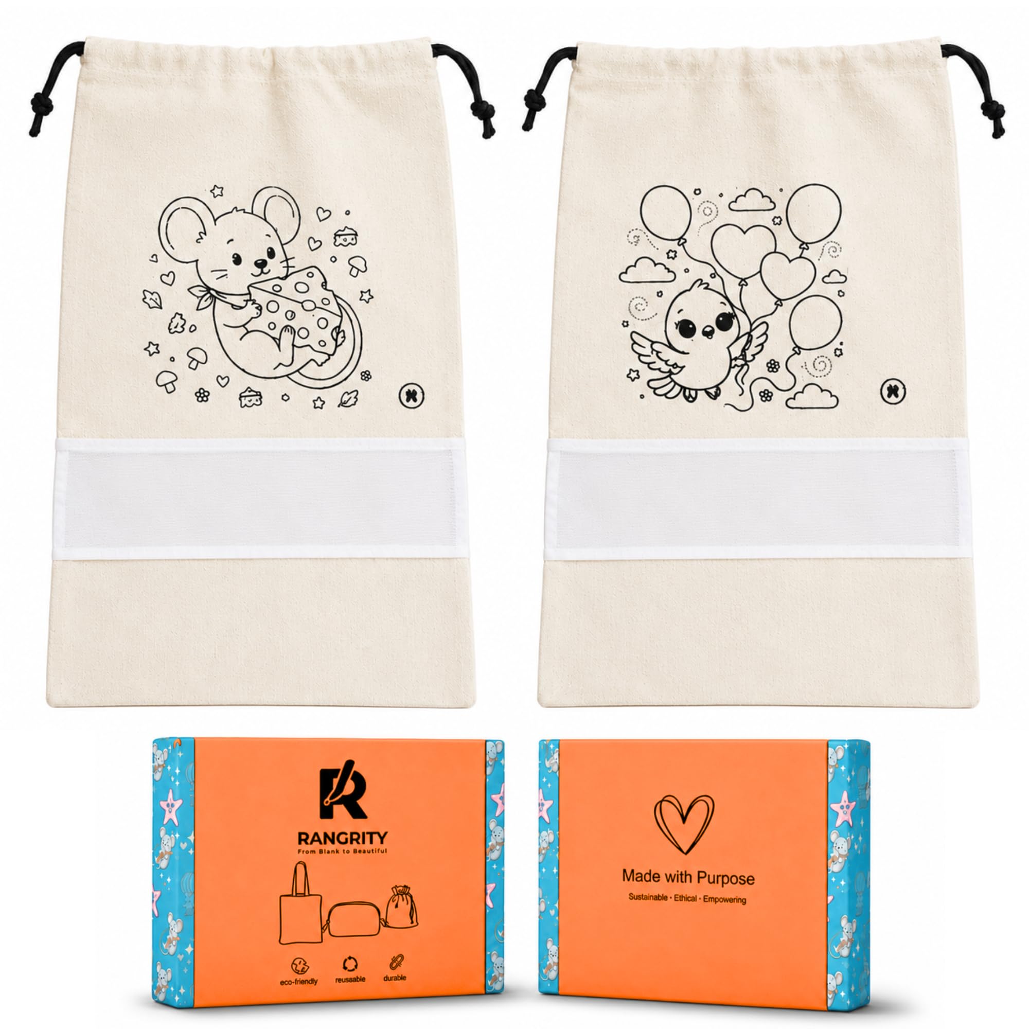 (Pack of 2) Rangrity Kids Cotton Shoe Bags 300 GSM (10×14 Inches) for Painting | DIY Canvas Coloring Bags | Reusable Cotton Art & Craft Kit for School Activities, Travel, Creative Fun & Return Gifts-picture-10