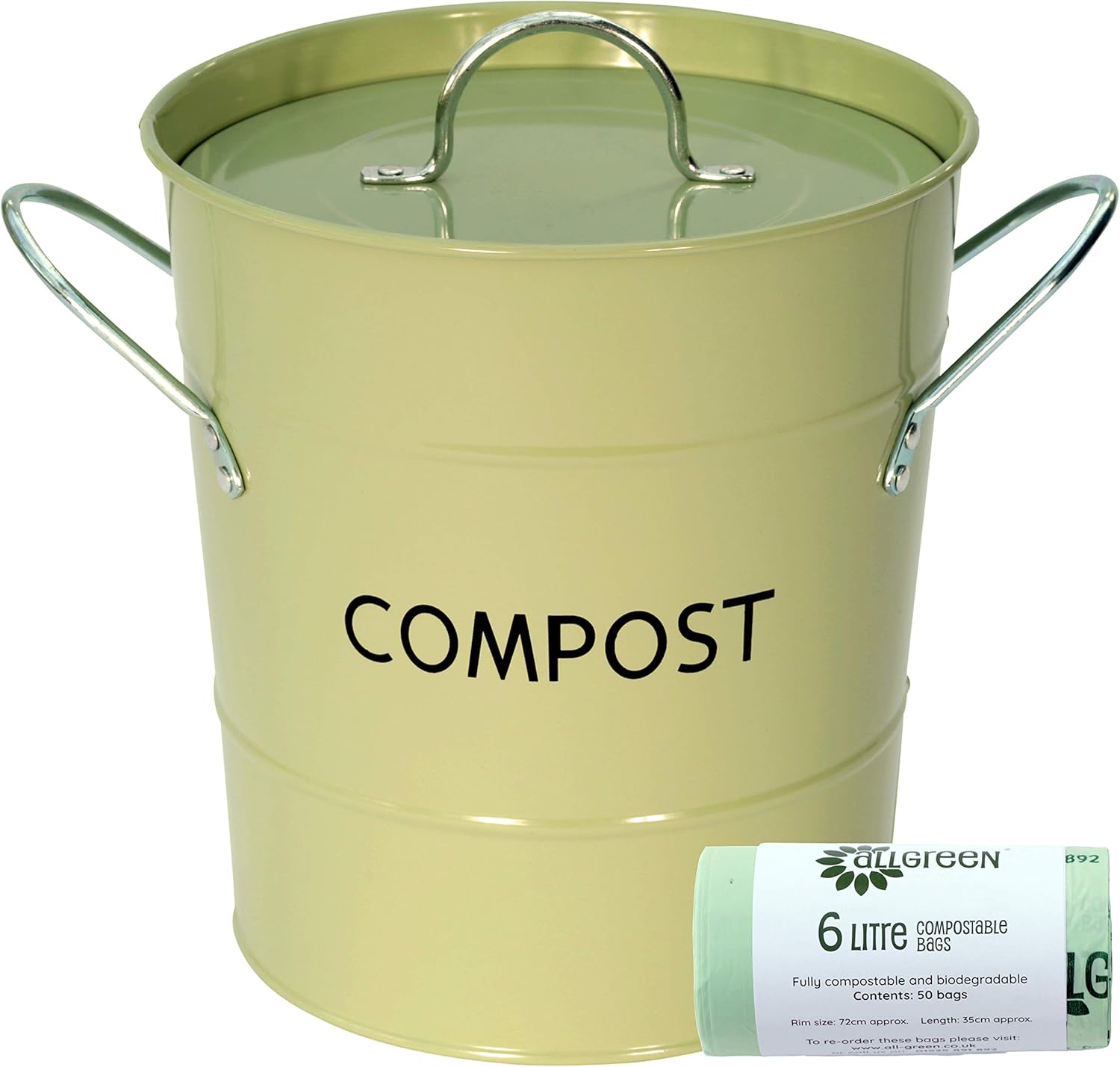 Sage Green Metal Kitchen Compost Caddy & 50x 6L AllGreen Compostable