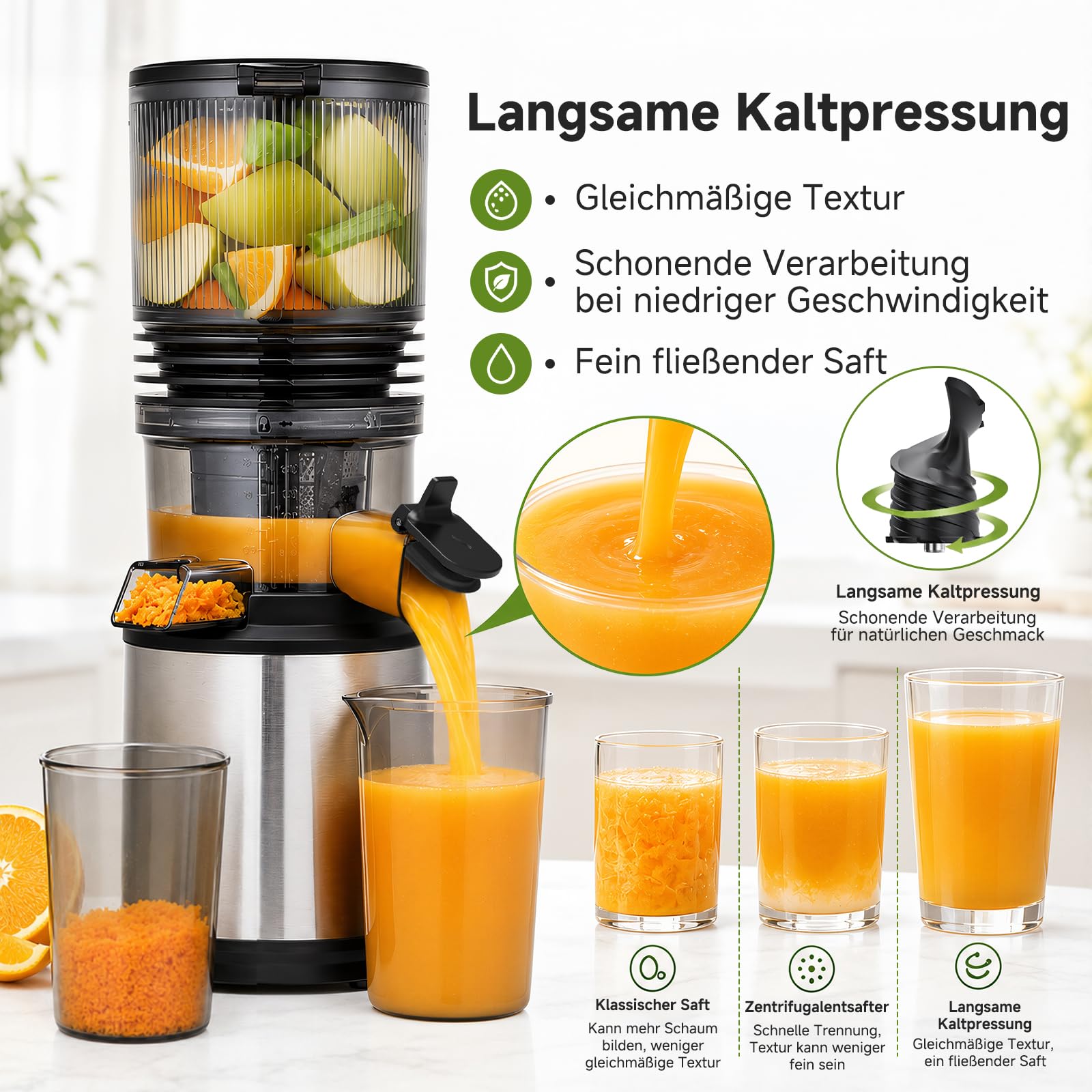 AMZCHEF Entsafter - Slow Juicer mit 158 mm großem Einfüllschacht für Ganze Gemüse und Obst, leicht zu reinigen, Kaltpress-Entsafter mit Saft- und Tresterbecher, hohe Saftausbeute, Silber/Schwarz