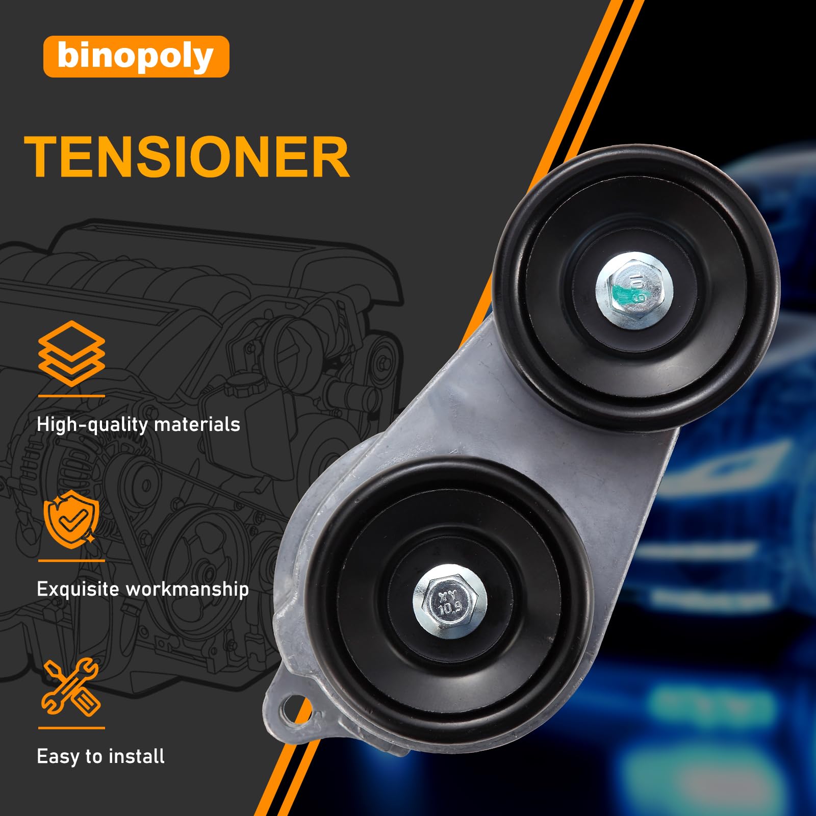 Binopoly 38332 Drive Belt Tensioner Assembly - For Acura Honda 3.5L & 3.7L V6 Engines