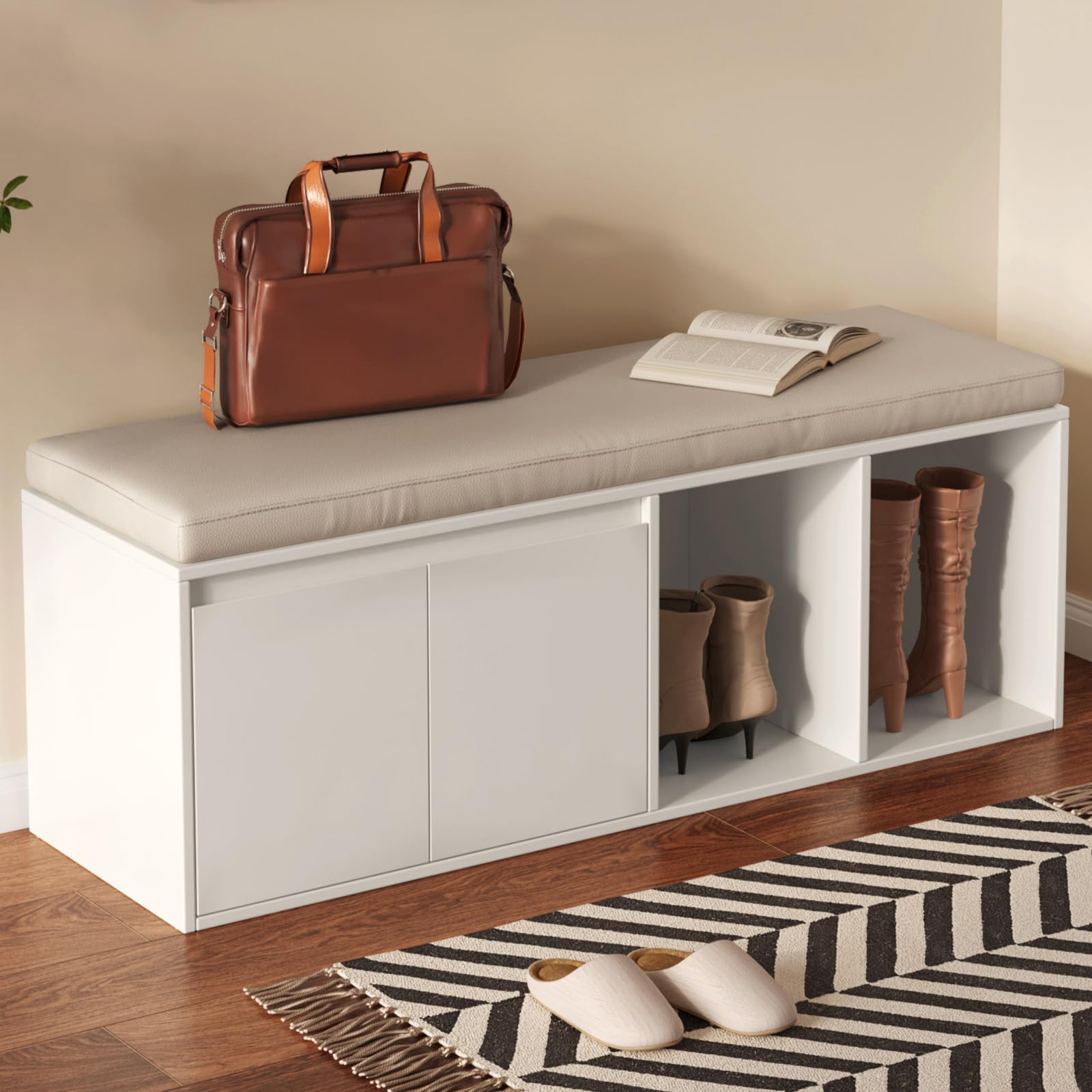 Miuuod Schuhbank mit Stauraum, Schuhbank mit Schiebetüren, Schuhwechseltisch mit gepolstertem Sitz für Schlafzimmer, Eingangsbereich und Flur