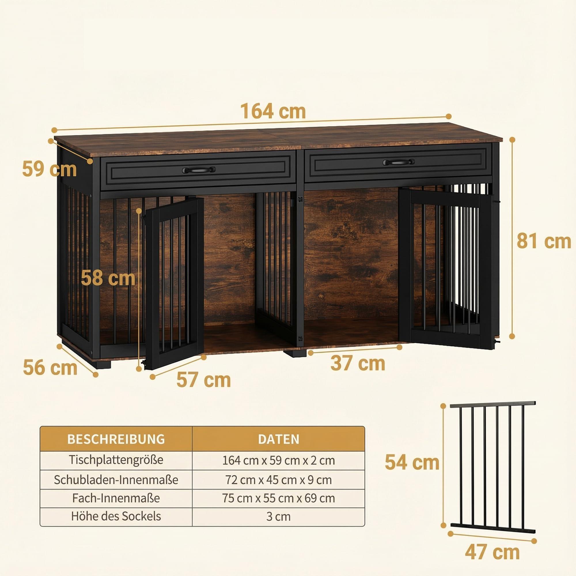 Hundekäfig Schrank XXL, Hundekäfig mit 2 Schubladen und 2 Türen, Hundebox für Zuhause Große/Mittlere Hunde,Beistelltisch, Hundehütte Indoor, Hundehaus für Zuhause, Schwarz, 164 x 60 x 80 cm, Eisen