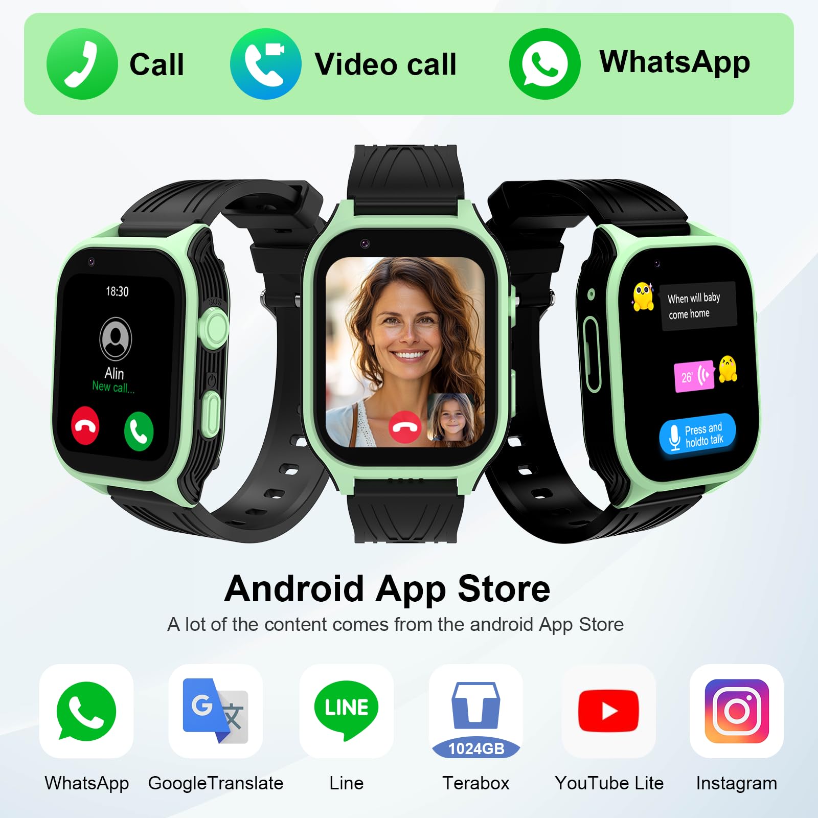 Reloj inteligente 4G seguro para niños con rastreador GPS Whatsapp de 1.8 pulgadas, pantalla táctil grande, WiFi, llamadas, chat de video por voz, SOS, Bluetooth, alarma, podómetro, música, reloj