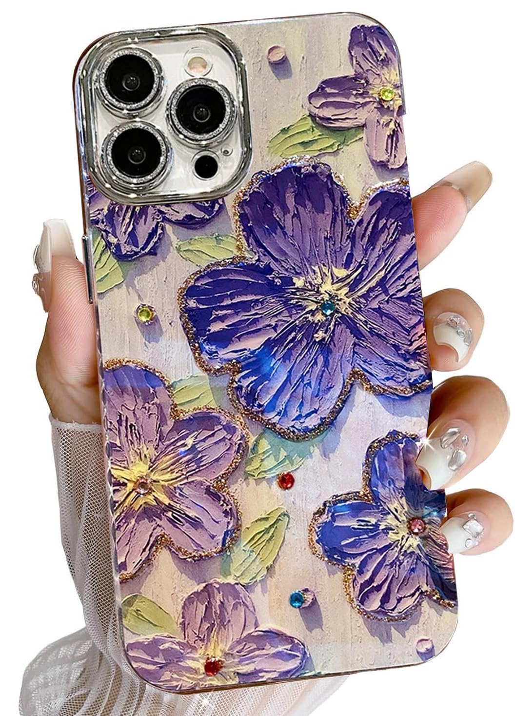 mobistyle Designed for iPhone 14 Pro |Women Girls, Colourful Retro Oil Painting Floral Design Shiny Bling Diamond Camera Protection Sides TPU Phone Back Cover Case [Purple] (B0D78T5H75) Amazon Price History, Amazon Price Tracker