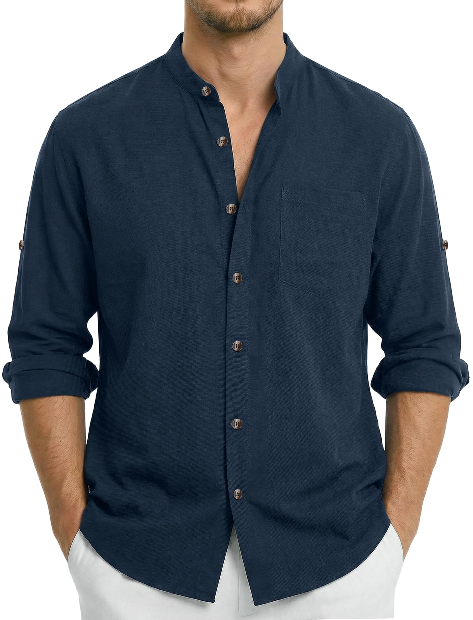 Enlision Camicia Lino Uomo Manica Lunga Estiva Camicia da Uomo Collo Coreana con Bottoni Maglia da Spiaggia Casual Henley Shirts S-2XL