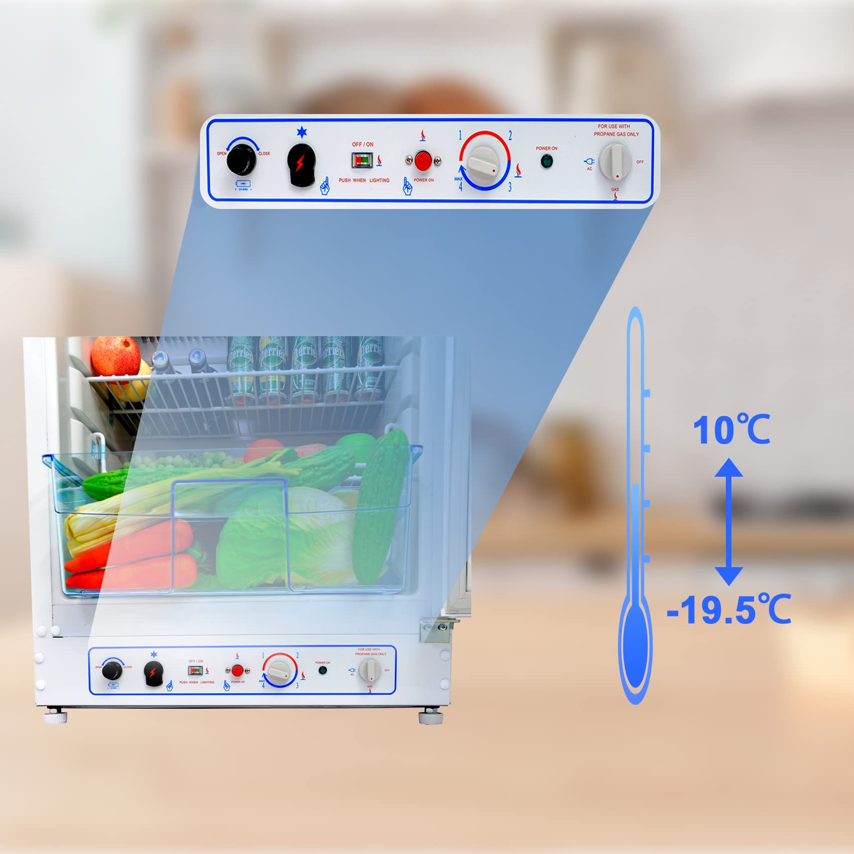 Smad Gas Kühlschrank mit Gefrierfach, Gas/230V, Leiser Kühlschrank, Kühl-Gefrierkombination (203L+62L), für Gîte, Garage, Camping, Wohnmobil, 265L, Weiß