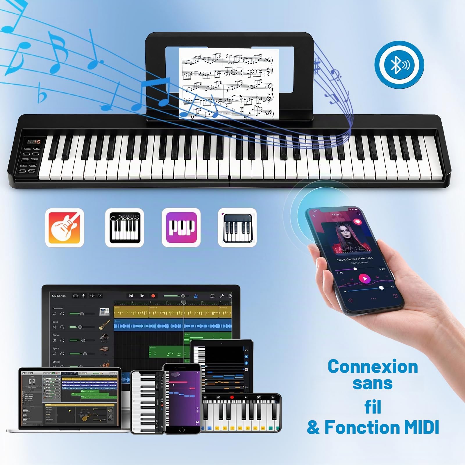 KOMFOTTEU Piano Numérique 61 Touches, Écran LED & Bluetooth, Clavier de Piano Électroniques Multifonctionnel, Piano Numérique pliable pour Debutant, avec Sac de Piano