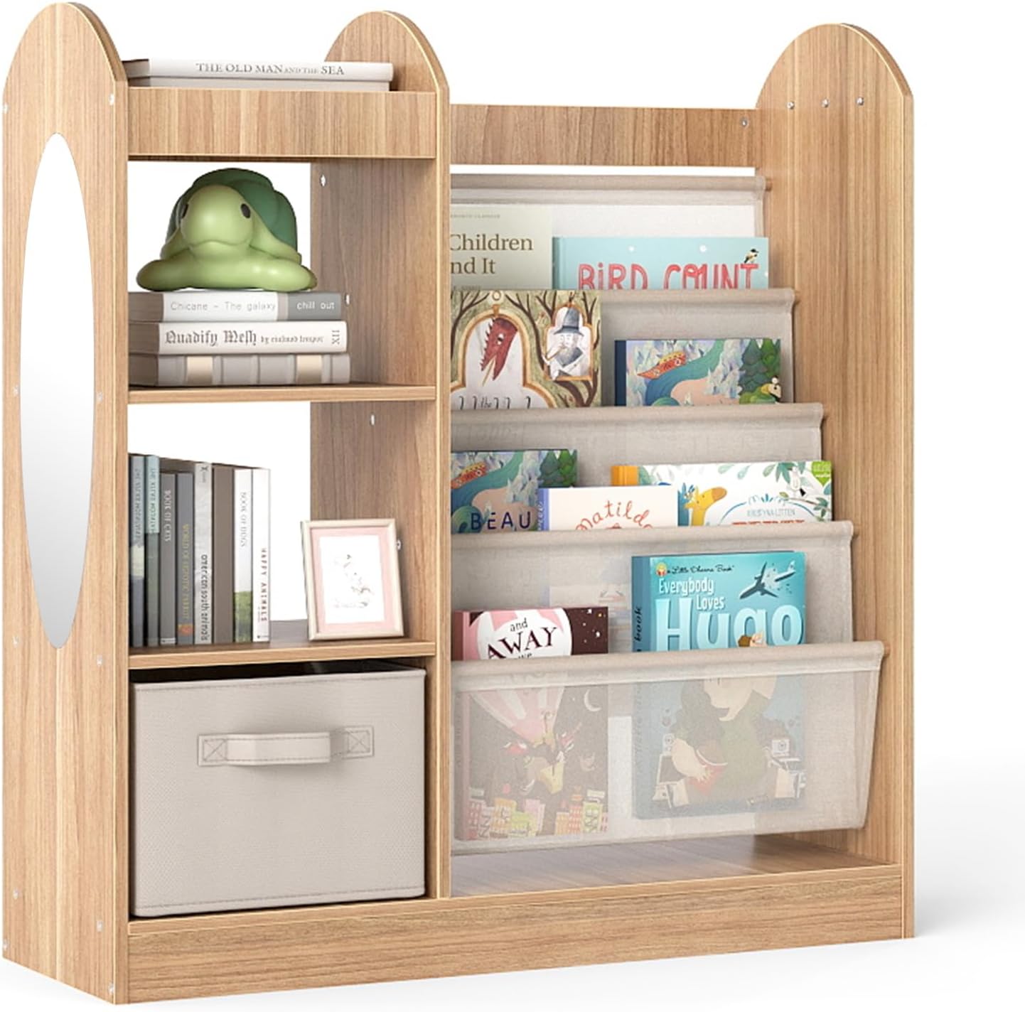 Costzon Kids Bookshelf with Full-Length Mirror, Toy Storage Organizer w/ 4-Tier Sling Shelves & Fabric Drawer, 4-Tier Montessori Toddler Bookcase for Kids Room, Nursery, Playroom, Bedroom (Natural)