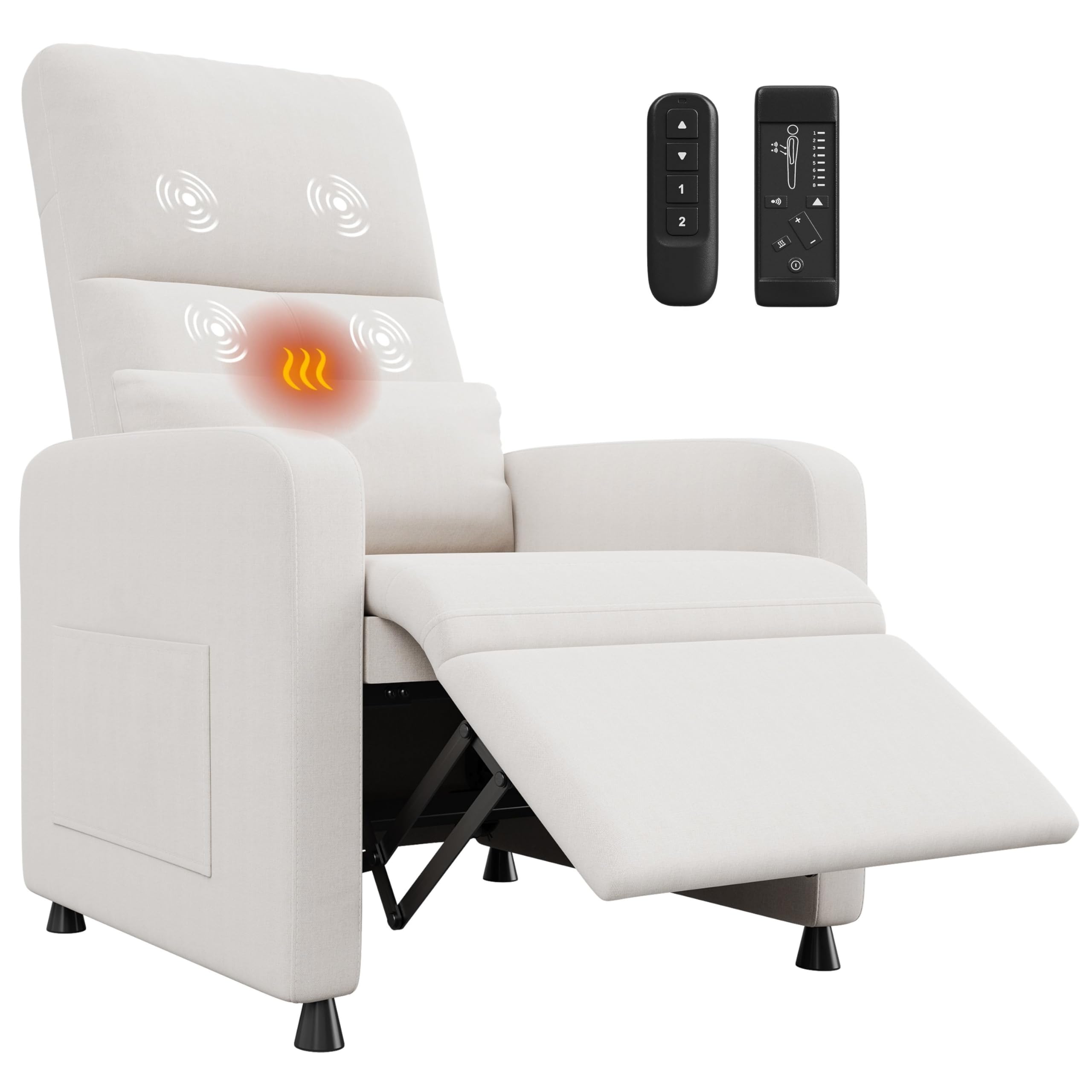 Aptliton Adult Electric Recliner Armchair With Heat & Massage, 105-150° Recliner Chair with Footrest, Armrests, 2 Pockets, Quiet Design Manual Recliner Chair For Living Room, Home Theater, Linen White
