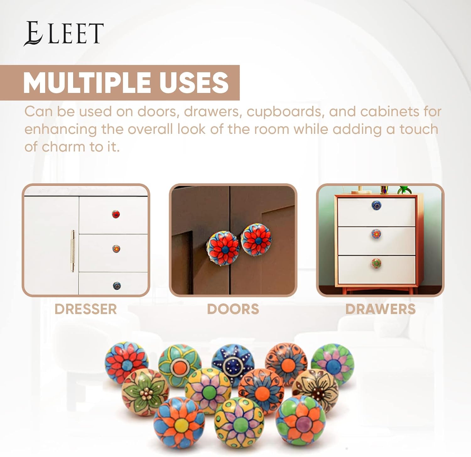 Eleet Assorted Ceramic Cabinet Knobs - Vintage Cabinet Cupboard Door & Drawer Pulls Chrome Hardware (Ceramic Knobs Set of 12, Multicolor)