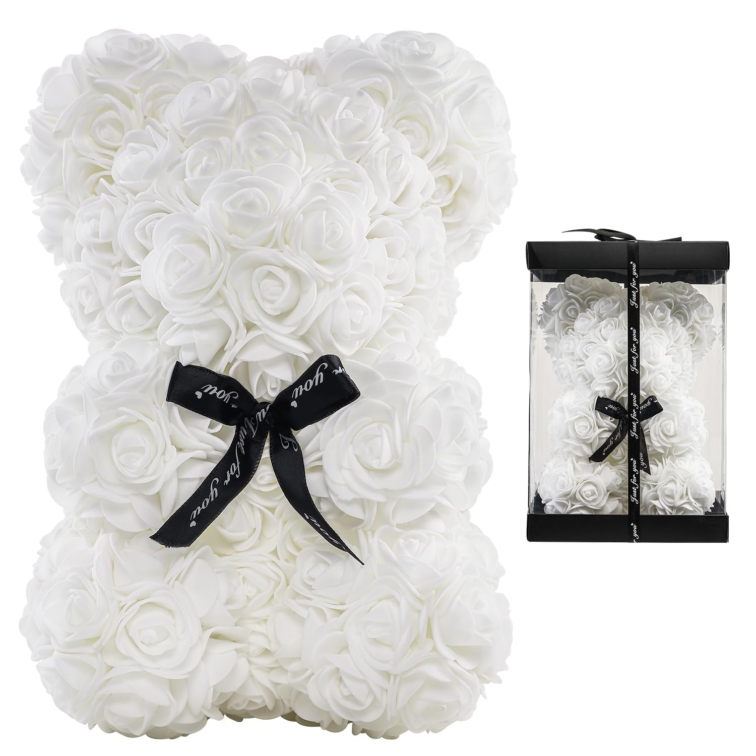 LEUCHTAMOR Rose Bear White Teddy Bear Valentines Gifts for Her Rose Flower Anniversary with Gift Box Wedding Birthday Mothers Day for Women Mom Wife Girlfriend