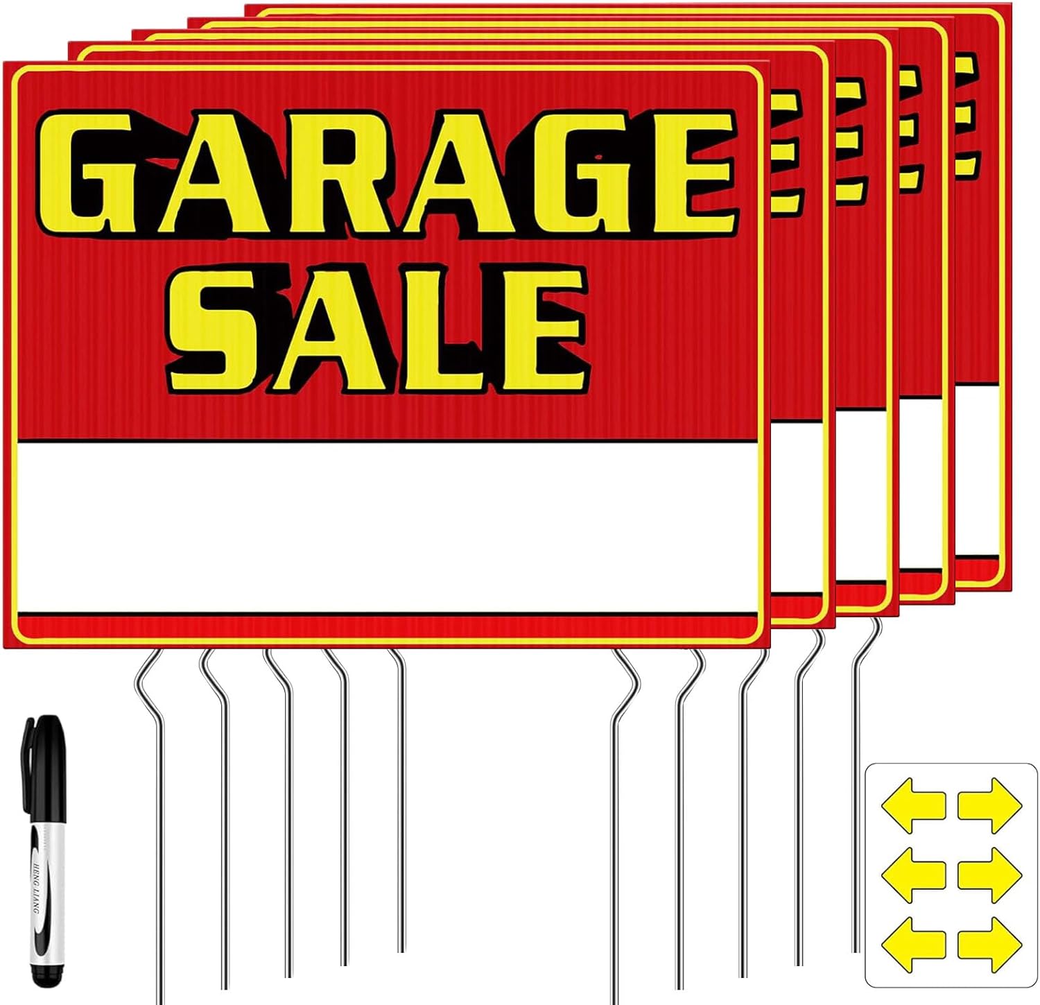 Yard Sale Signs with Stakes – 9-Piece Set, Double-Sided Garage Sale Signs (16 x 12 in) + Directional Arrow Signs (16 x 6 in), Metal Stakes, Write-On Area, Outdoor Weather-Resistant