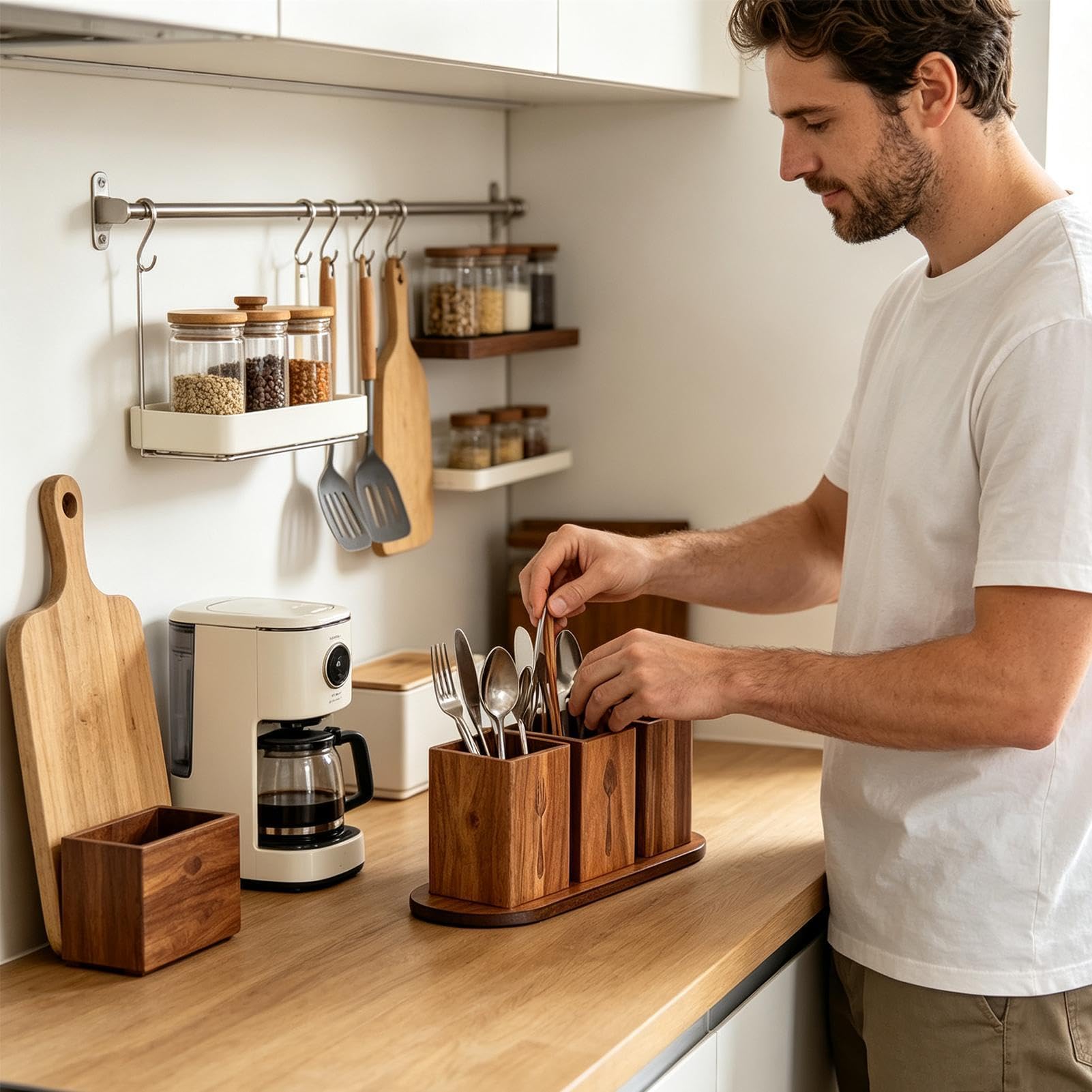 Porta utensili per piano di lavoro cucina Rack in legno compartimentato