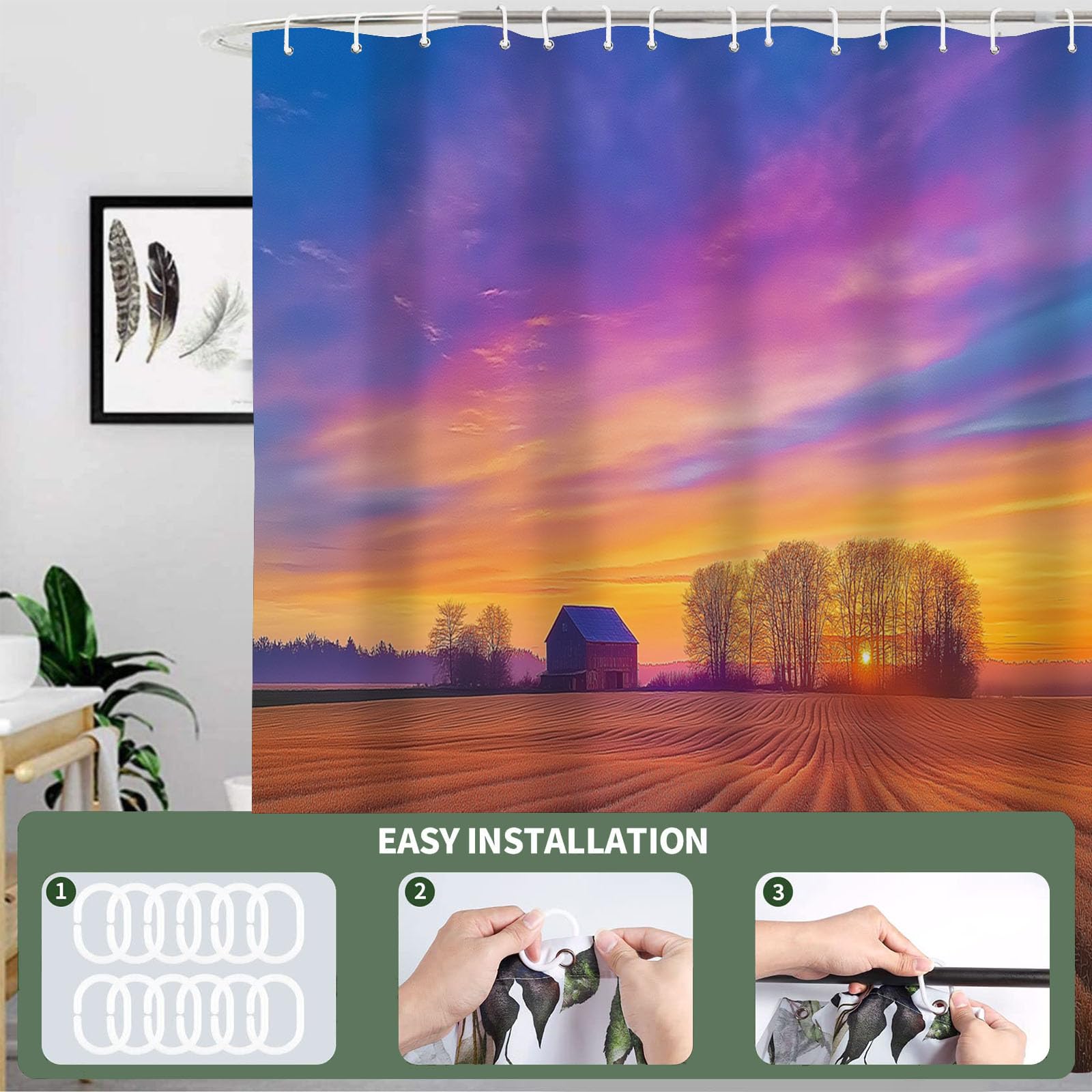 Cortinas de Baño Poliester Lavable, Puesta Sol Naturaleza Cortina de Ducha, Casa Campo Jardín Flores Cortina Ducha 240x200cm, Estampado Cortina Bañera Secado Rápido con 12 x Ganchos