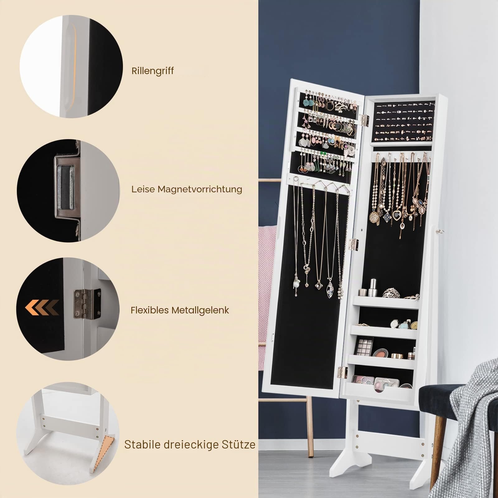 HOMASIS 2 in 1 Schmuckschrank mit Spiegel & Regal, verstellbarer schmuckregal mit Stauraum aus Holz, Spiegelschrank mit Kettenhaken & Ringverschluss, Garderobenspiegel mit Schmuckkasten (Weiß)