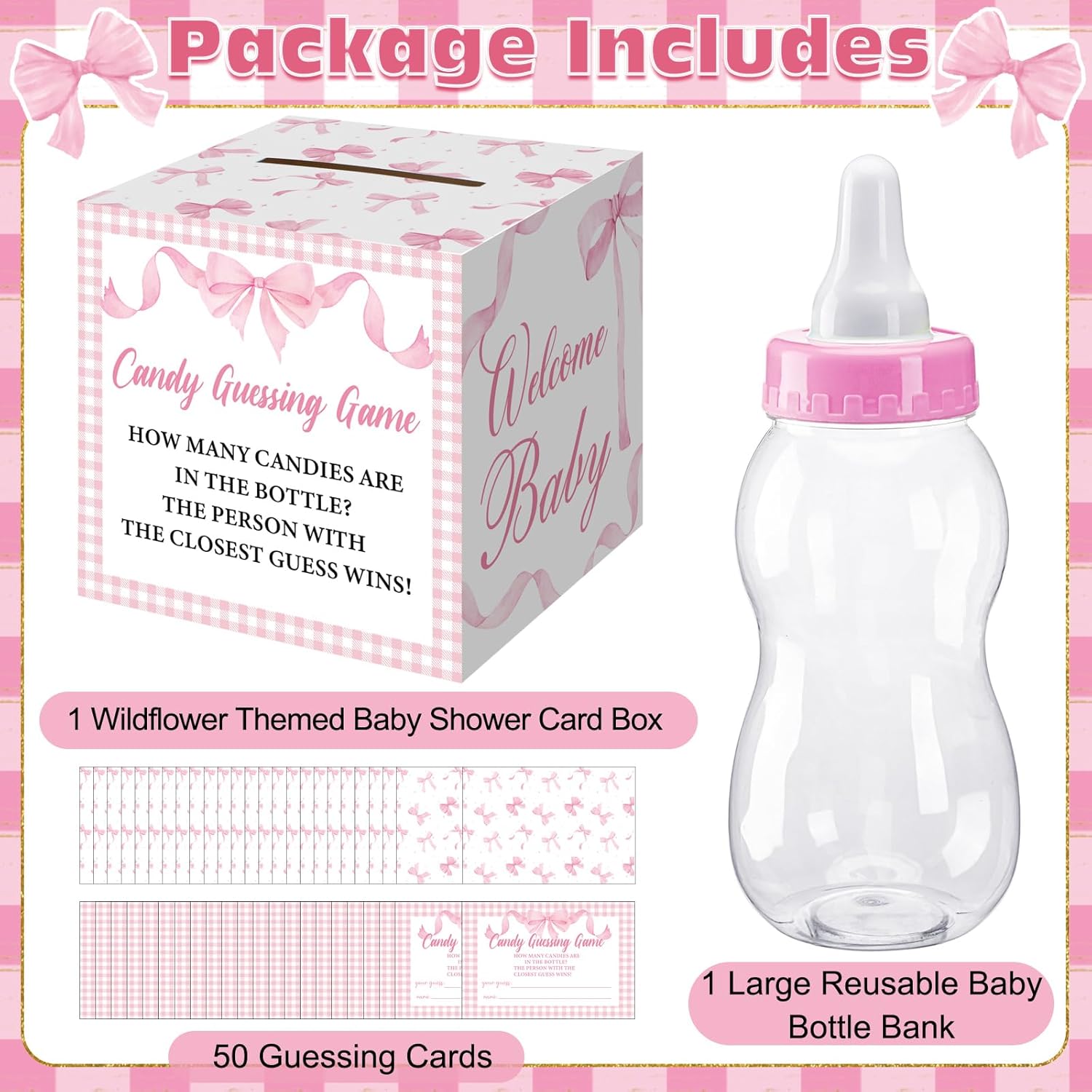 Glenmal 52 Pcs Baby Shower Games Gift Sets Large Baby Bottle for Shower Game Guess How Many Candies Decorations for Gender Reveal (Pink Bow)