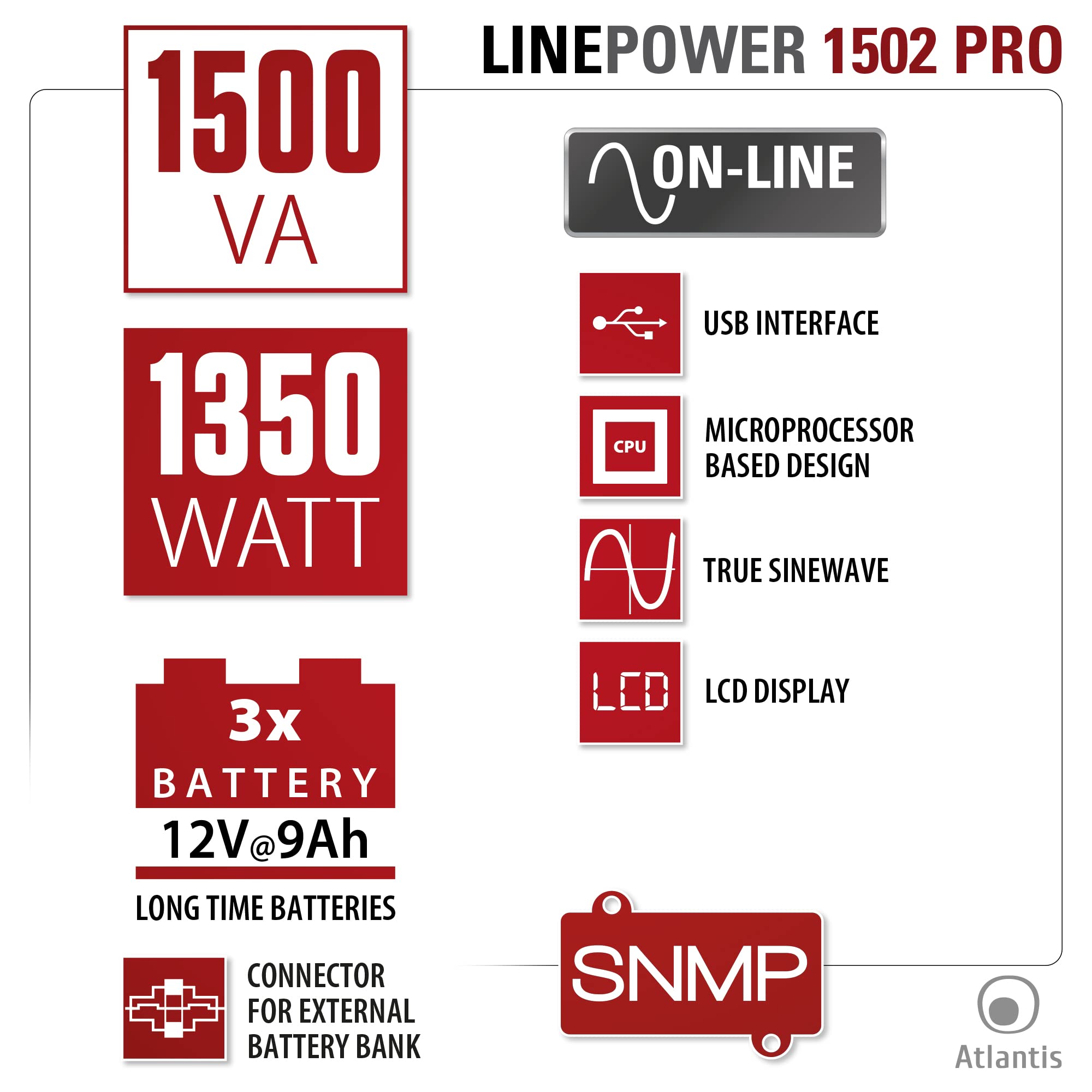 Atlantis A03-OP1502P PRO UPS OnLine Gruppo di Continuità Server 1500VA 1350W Tower LCD USB RS-232 4 uscite IEC SNMP