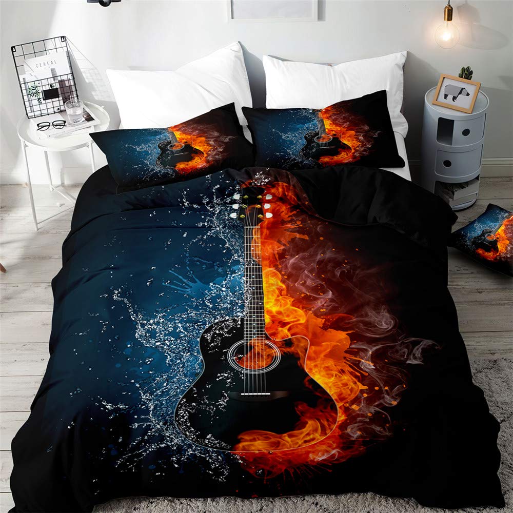 Surwin Men's Water & Fire Bedding Set Microfiber 3Pcs For Double Single Size, 3D Guitar Duvet Cover Set With Music Printing Quilt Cover & 2 Pillowcases For King Super King Adult Kids (,Single 135X200cm)
