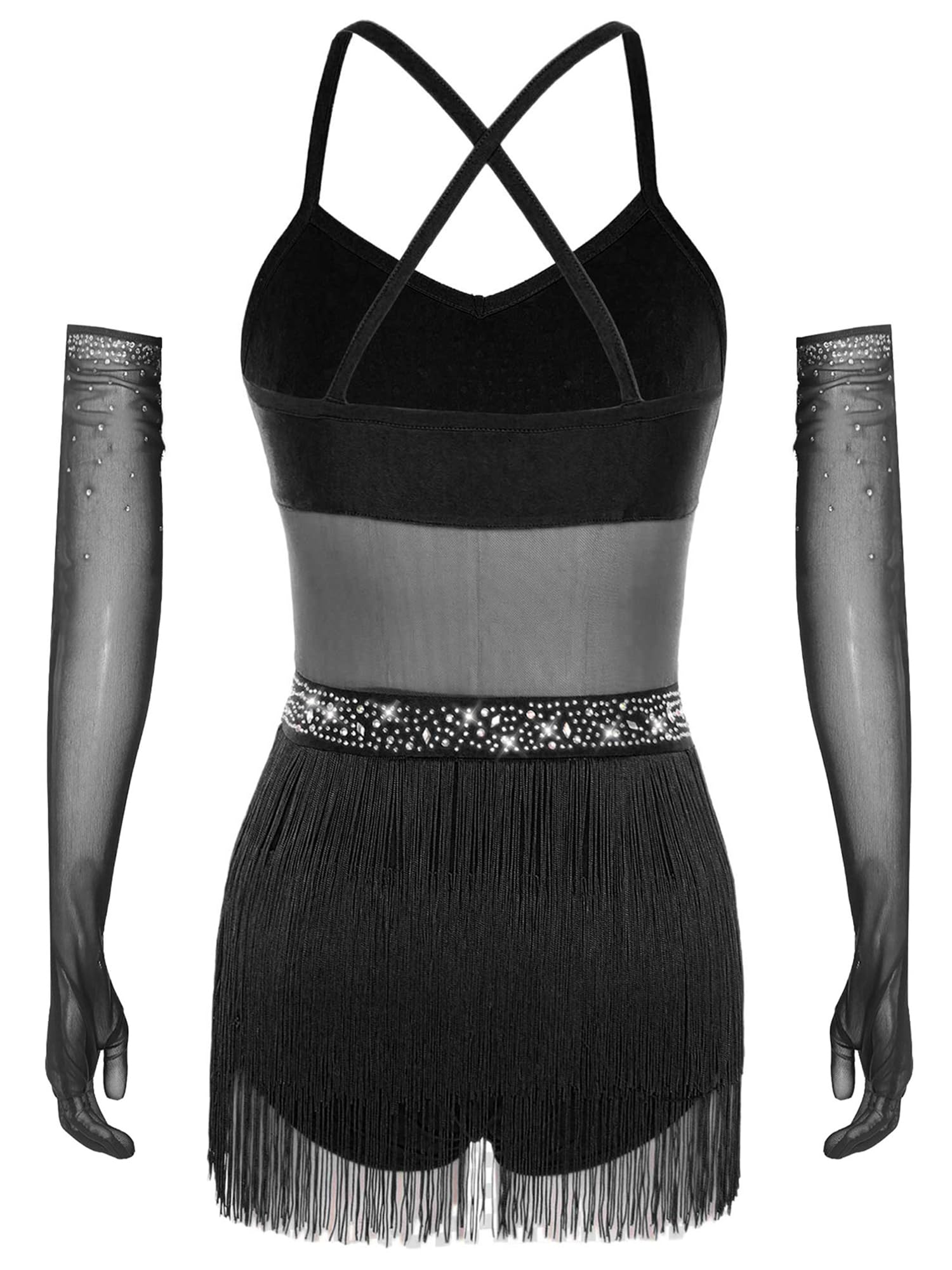 Traje de Danza Latina Salsa para Mujer con Flecos Maillot Patinaje Artístico con Guantes de Malla de Pedrerías Brillantes Traje Baile de Salón Tango Chachá S-XXL