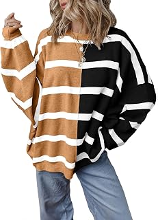 Womens Striped Sweaters Long Sleeve Cable Knitted Color Block Casual Loose Lightweight Oversized Sweaters Pullover