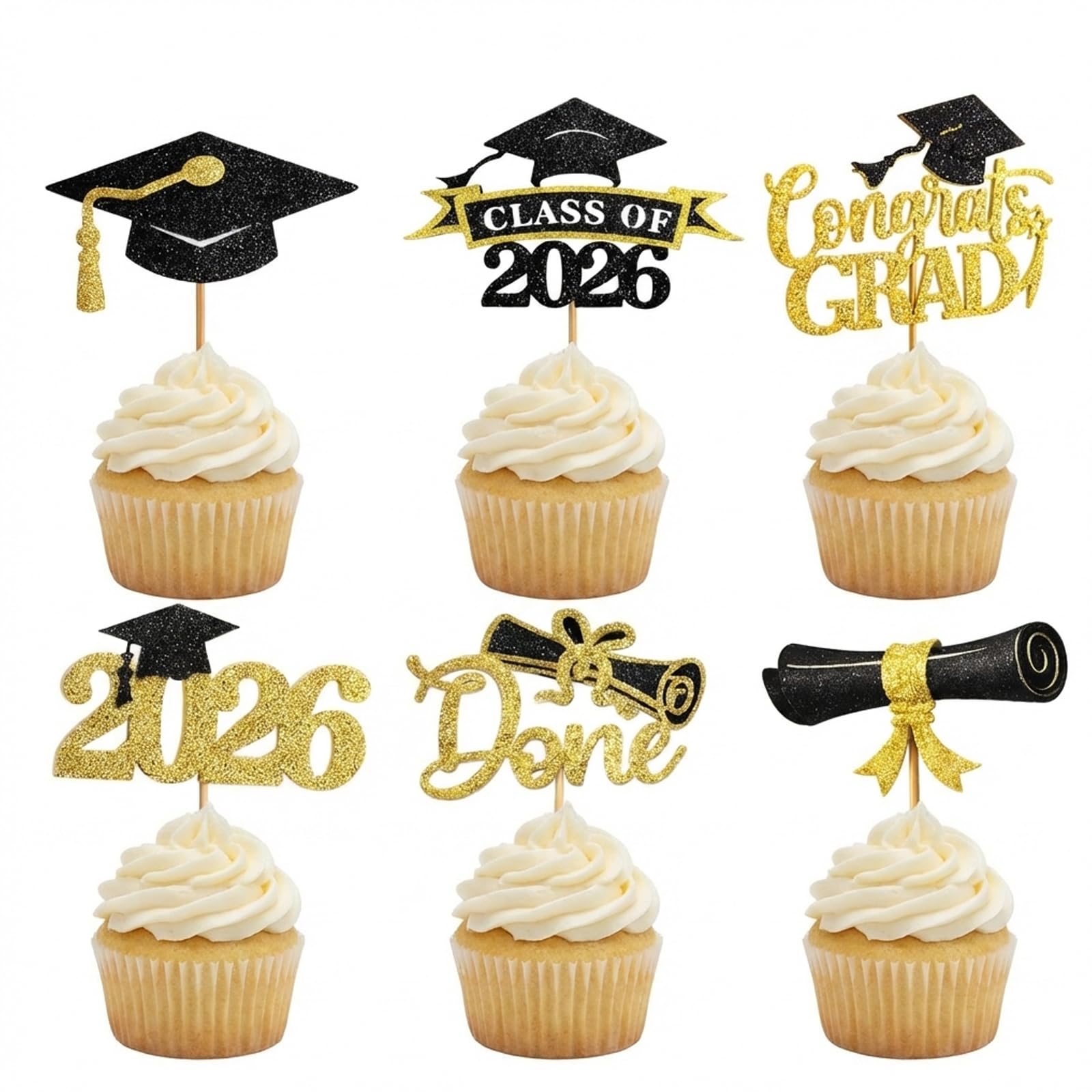 Congratulations Cake Topper, Graduation Decorations 2026, 48PCS Black and Gold Glitter Class of 2026 Cupcake Toppers, Graduation Party Dessert Decorations, Family Celebration Cake Decorations