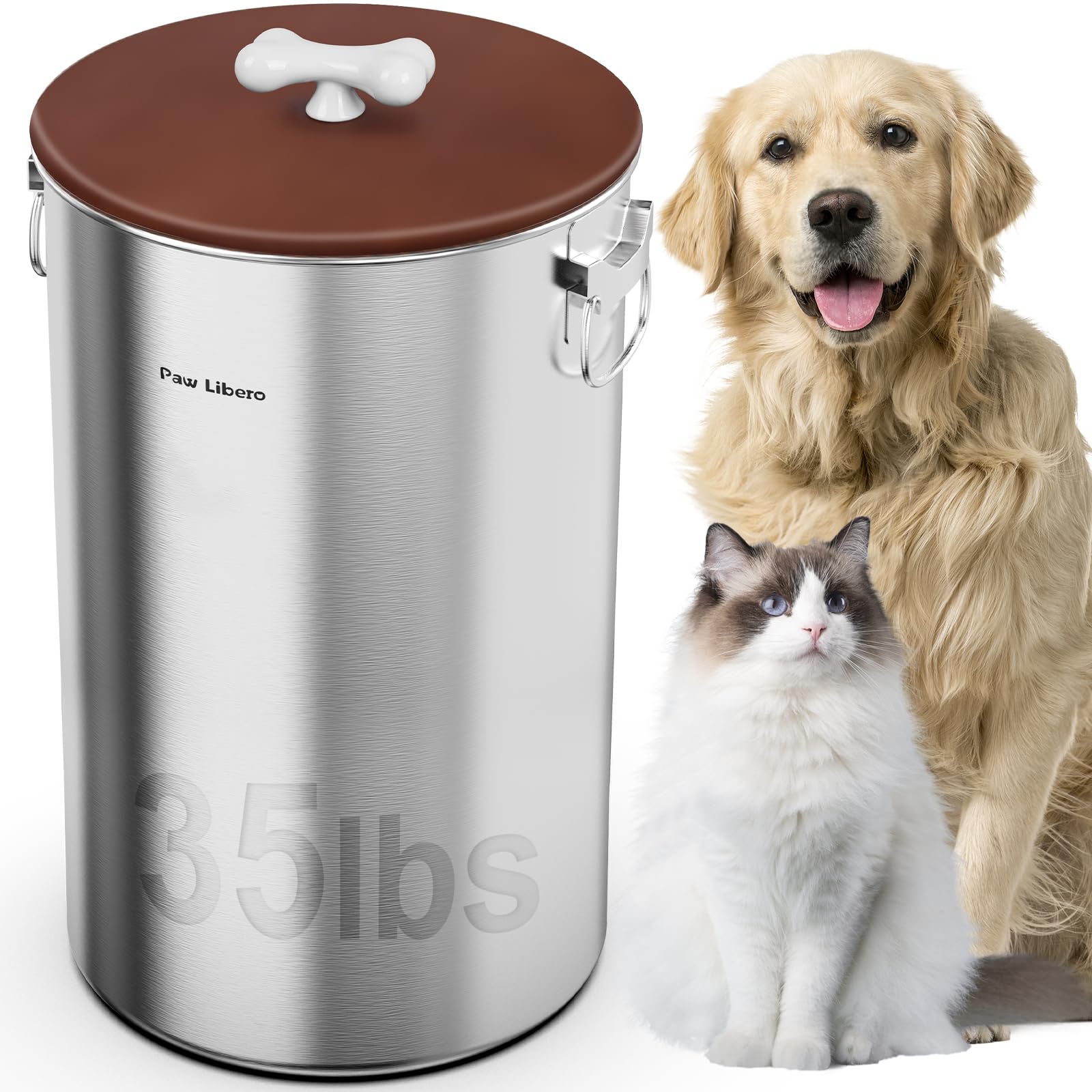 Paw Libero Contenitore per cibo per cani in acciaio inox da 15,9 kg, con coperchio ermetico e manico in osso in ceramica, grande contenitore per cibo per cani e gatti, mantiene fresco, facile da