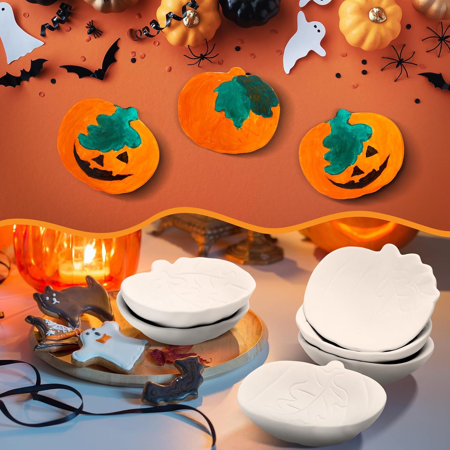 6 Set Fall Ceramic Pumpkin Bowls to Paint Craft Kit Halloween Unpainted Mini Ceramic Pumpkins Bowls with Paints and Brushes Ready to Paint for Thanksgiving Art Project Halloween Party Decoration