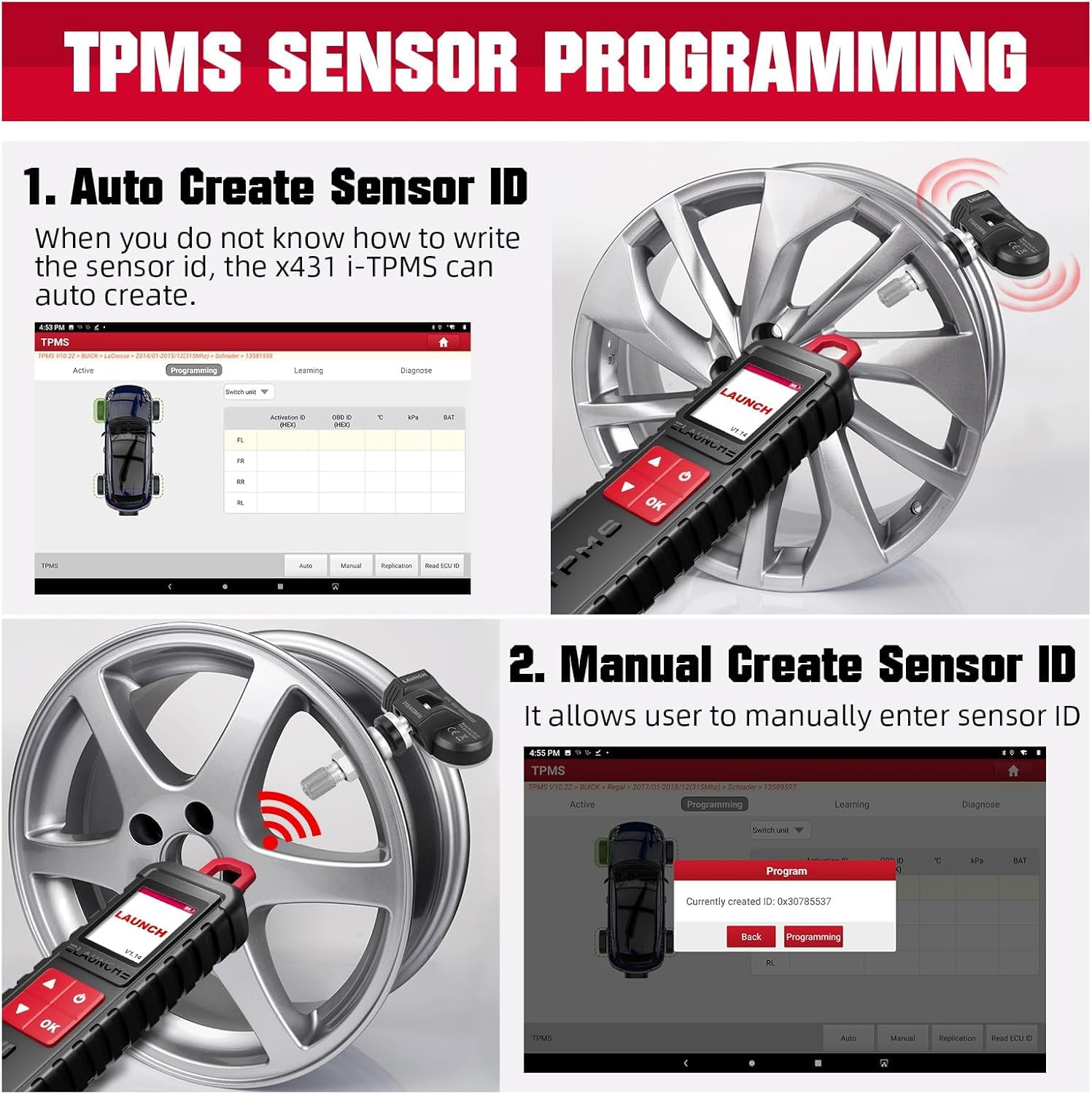 LAUNCH X431 TSGUM TPMS Testeur Pression Pneu,Activation/Lecture/Apprentissage/Programmation des Capteurs,TSGUN Manomètre Pression Pneus pour 98% des Véhicules TPMS Mondiaux.