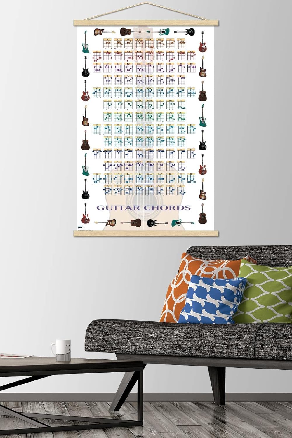 Trends International Guitar Chords II - Learn to Play Guitar Wall Poster, 22.375" x 34", Print and Beechwood Hanger Bundle