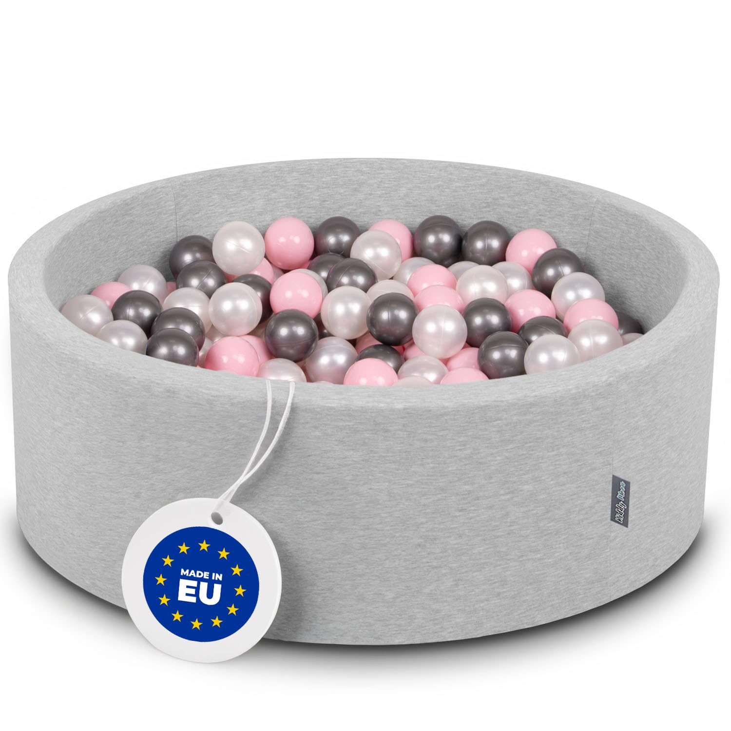 KiddyMoon 90X30cm/300 Balls ∅ 7Cm / 2.75In Baby Foam Ball Pit Made In EU, Light Grey:Pearl/Light Pink/Silver — image 1