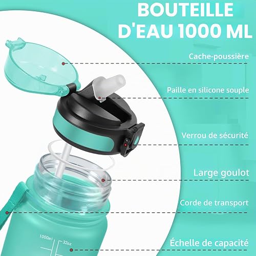 Grsta Gourde 1l, Gourde Sport avec Paille, Bouteille d'eau pour Running, Bouteille Reutilisable, Facile à Nettoyer, Bouteille Adulte anti Fuite, Bouteille d'eau pour Camping, Randonnée, Yoga, Vert - 4