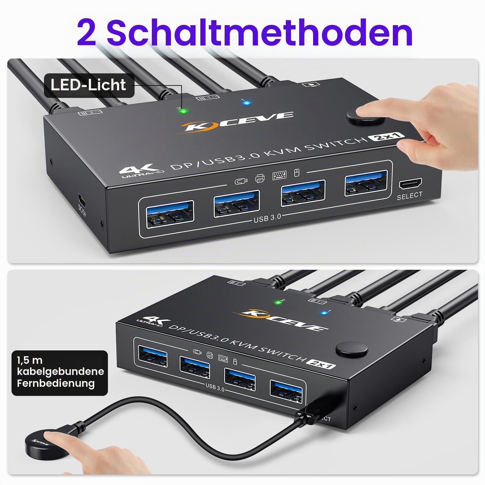 USB 3.0 KVM Switch Displayport 4K@144Hz | DP KVM Switch 2 PC 1 Monitor 8K@30Hz Teilen 4 USB 3.0 Geräten Tastatur Maus Monitor mit Wired Remote