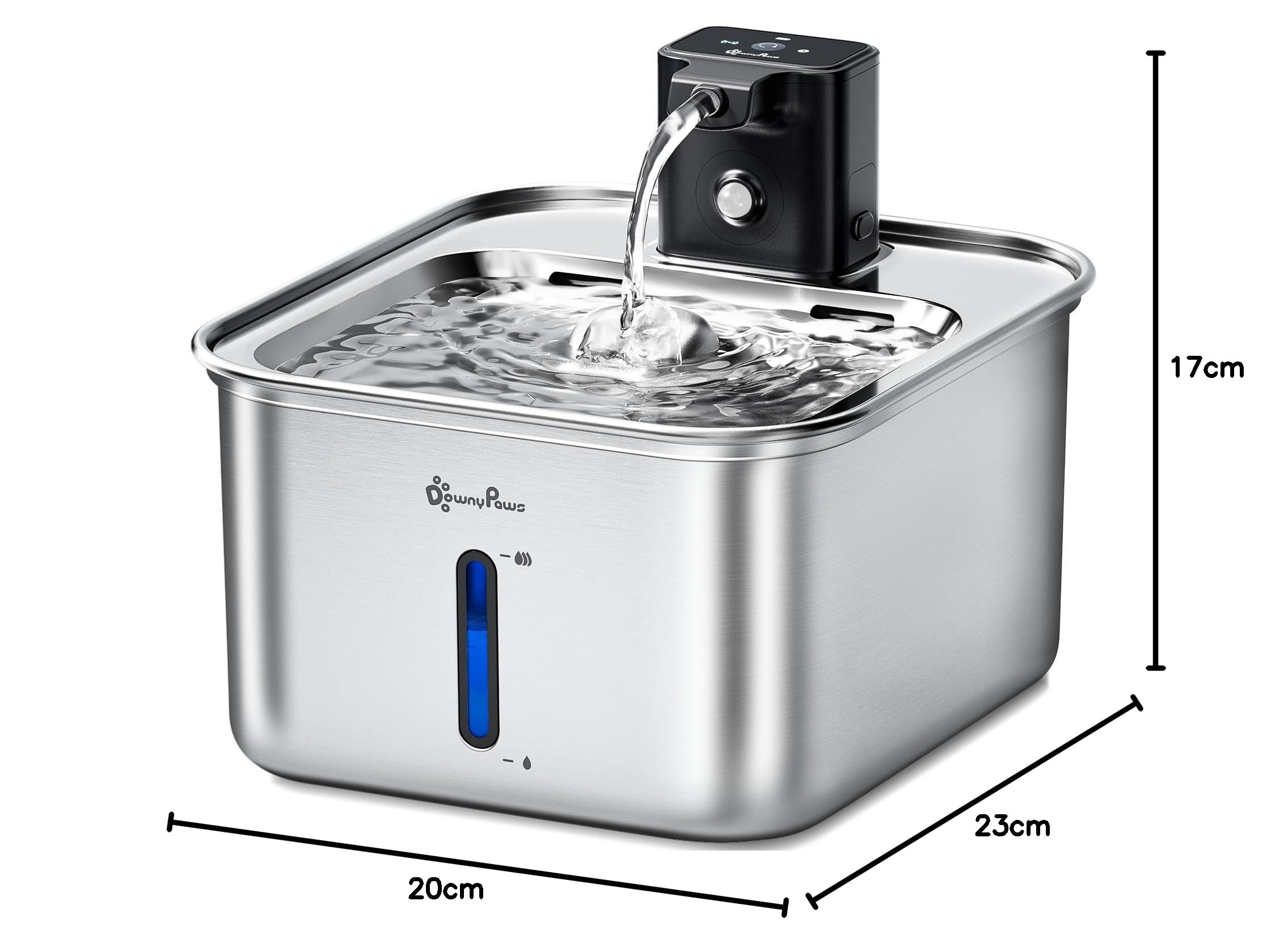 DownyPaws Fontanella per Gatti in Acciaio Senza Fili a Batteria, Fontana Gatto con Sensore di Movimento, 3L Fontanella Acqua Gatto e Lavabile in Lavastoviglie, Nero